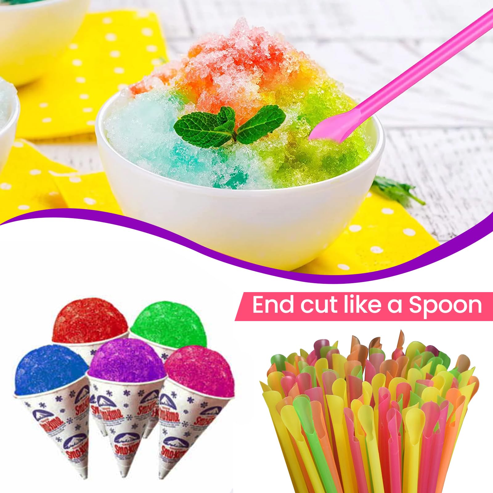 Concession Essentials 100 Count 6oz Snow Cone Cups with 100 8" Neon Spoon Straws, Pack of 200ct (100 cups/100 straws)