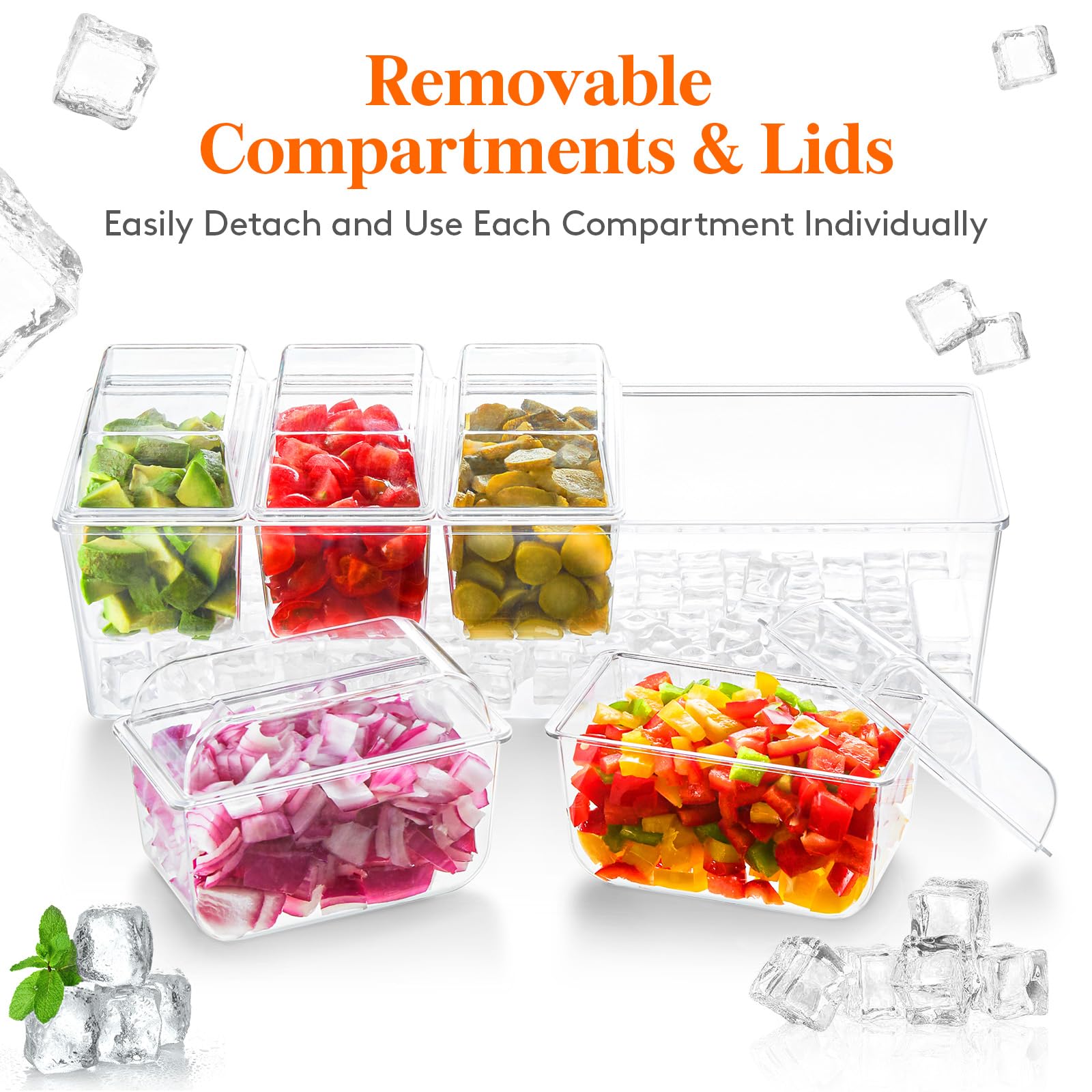 Lifewit Ice Chilled Condiment Caddy with 5x 20oz(2.5 cup) Containers, 15.3" Condiment Server with Separate Lids, Serving Tray Platter with Removable Dishes for Bar, Fruit, Salad, Taco, Party Garnish