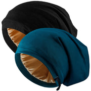 NICPOO 2 Stück verstellbare Seidensatin-Nachtmütze, Schlafhaube für Damen und Herren, Seidenfutter Slouchy mit verstellbarem Riemen, Kopftuch für lockiges Haar, Nachtmützen, Schwarz+Blau2