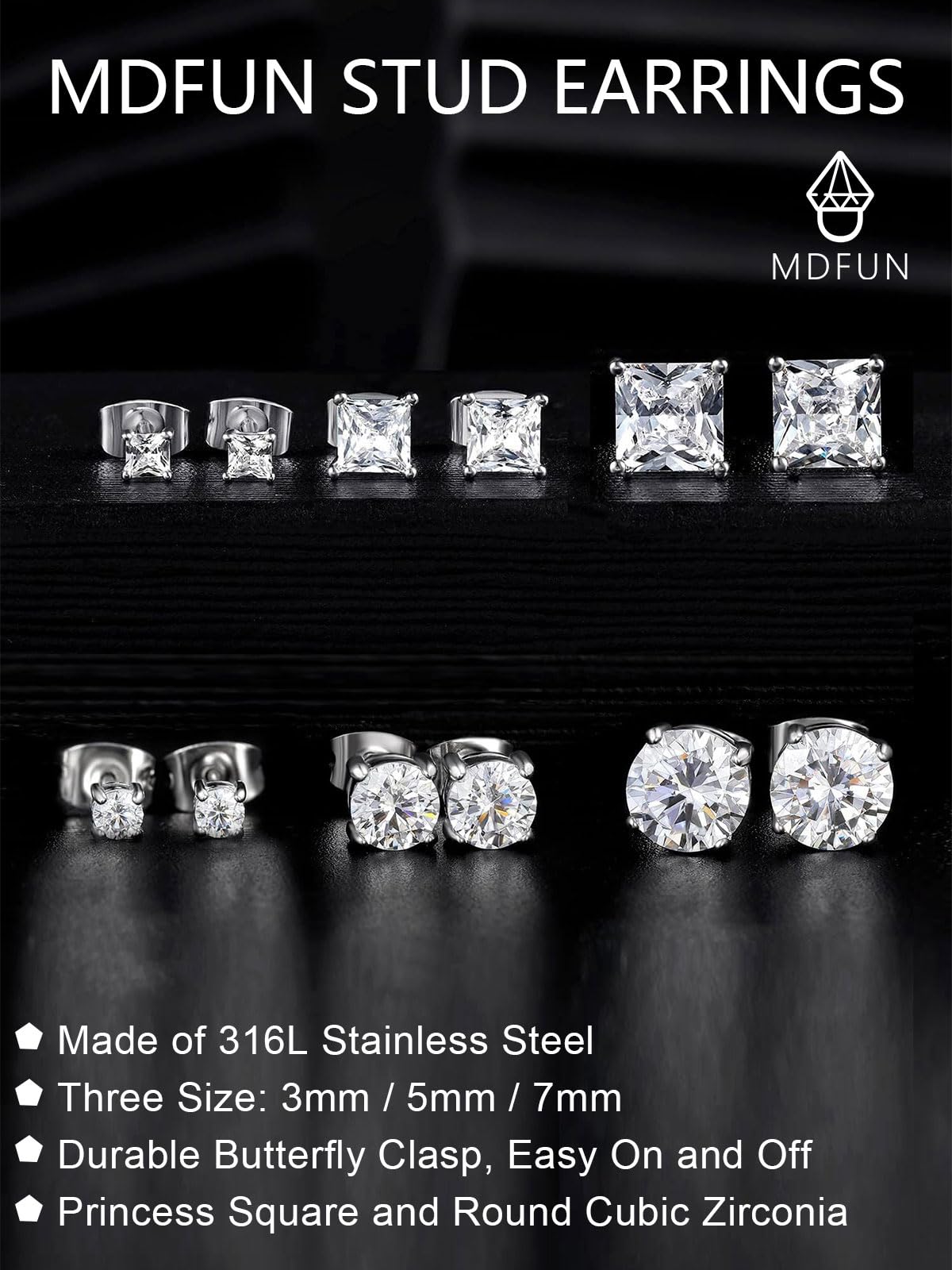 6 Pairs Earrings Set for Men 316L Stainless Steel 3/5/7mm CZ Round and Princess Square Ear Piercing Studs Hypoallergenic Jewelry (white)