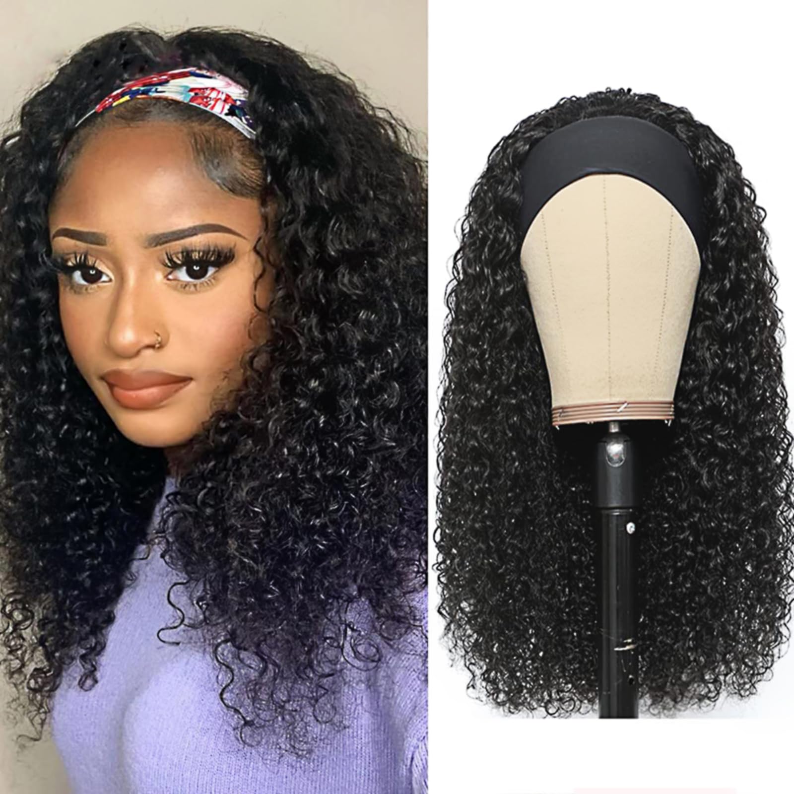 XSY Headband Wig Human Hair Deep Wave 16 Inch Curly Headband Wig Glueless None Lace Front Wigs for Black Women Half Wigs 150% Density Natural Color