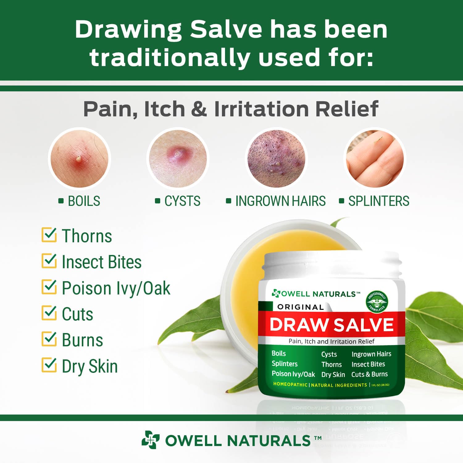 OWELL Naturals Drawing Salve Ointment for ingrown Hair, Boil & Cyst, Splinter Remover, Bug Spider Bites, bee Sting, Mosquito bite Itch, Poison Ivy, Flare, Hangnail
