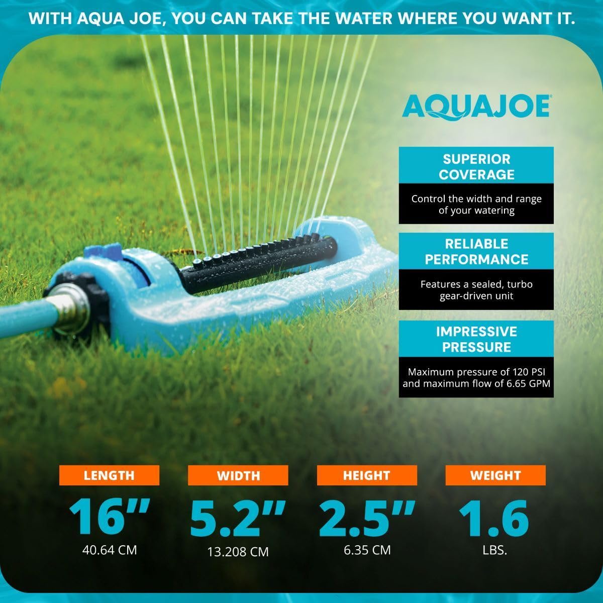 Aqua Joe SJI-OMS16 Indestructible Oscillating Sprinkler with Adjustable Spray and Metal Base, 3600 Sq. Ft. Coverage Max, 70-Foot Spray Distance Max, and 37.8-Foot Spray Width Max