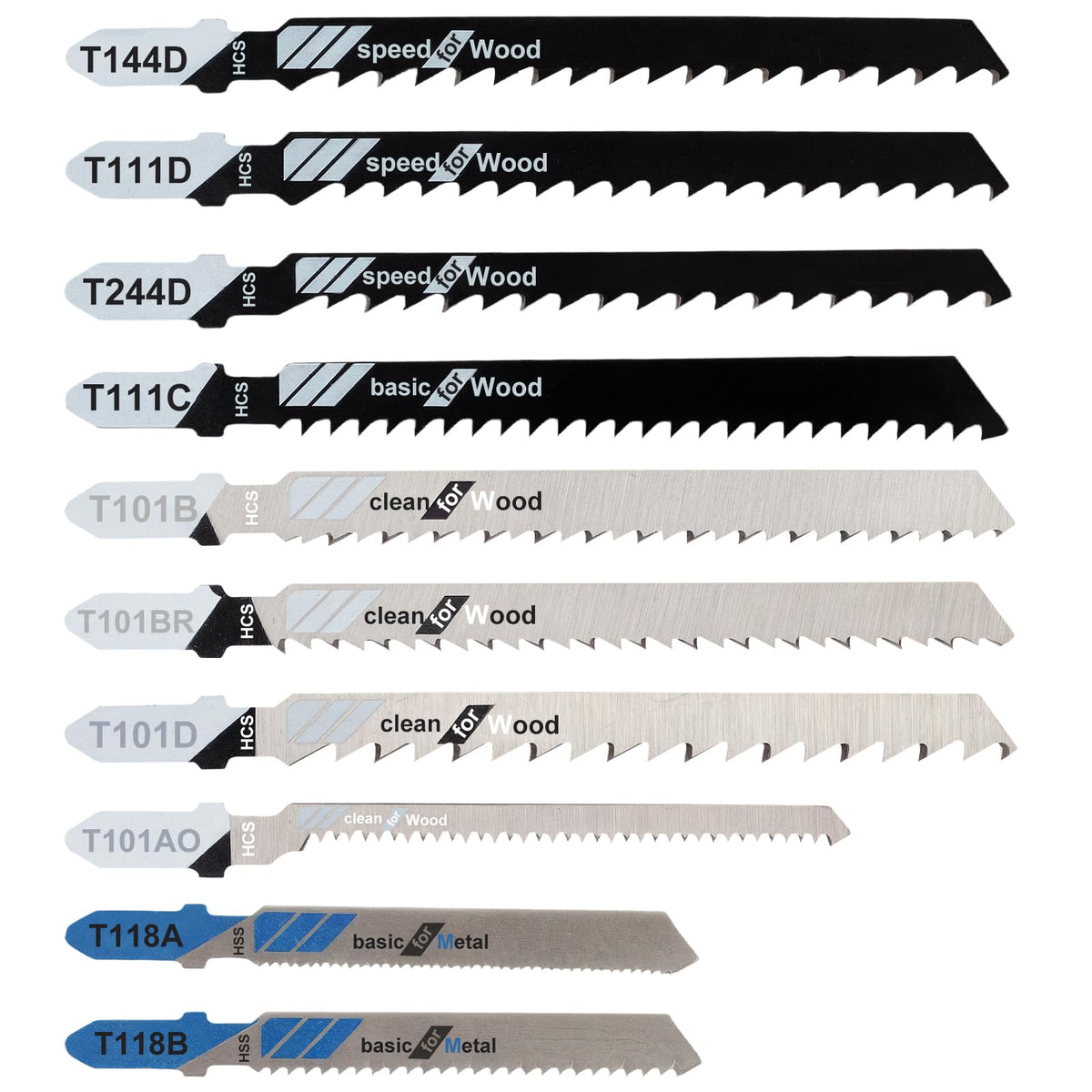 Jigsaw Blades, 10 Piece Jig Saw Blades, Assorted T-Shank jig Saw Blades for Wood, Metal and Plastic Cutting(T111D, T101AO, T101BR, T101D, T101B, T118A, T118B, T144D, T244D,T111C)