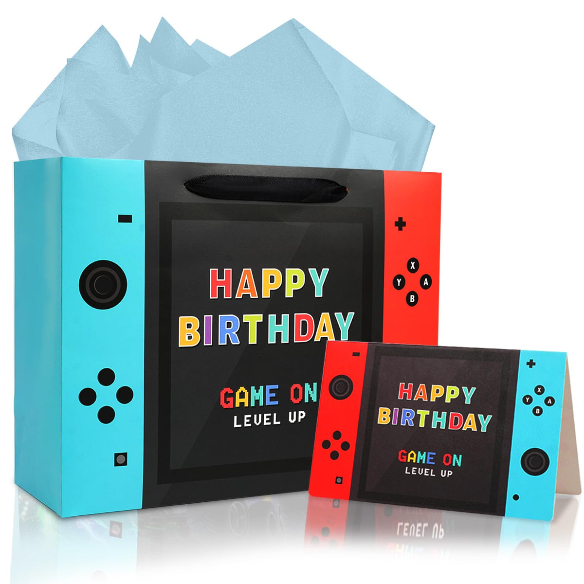 JOARHONAL Videospiel-Geburtstagsgeschenktüte – 33 cm große Happy Birthday Geschenktüte mit Seidenpapier und Karte für Jungen, Kinder, Videospiel-Geburtstagsparty-Zubehör