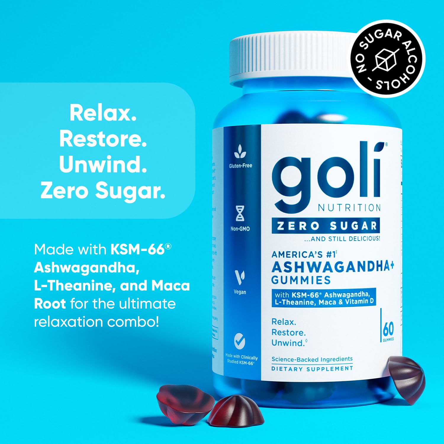Goli Zero Sugar Ashwagandha & Vitamin D, Maca, L-Theanine Gummies, No Artificial Sweeteners, No Sugar Alcohols. Mixed Berry, KSM-66, Vegan, Plant Based, Non-GMO, Gluten-Free & Gelatin Free. (1)