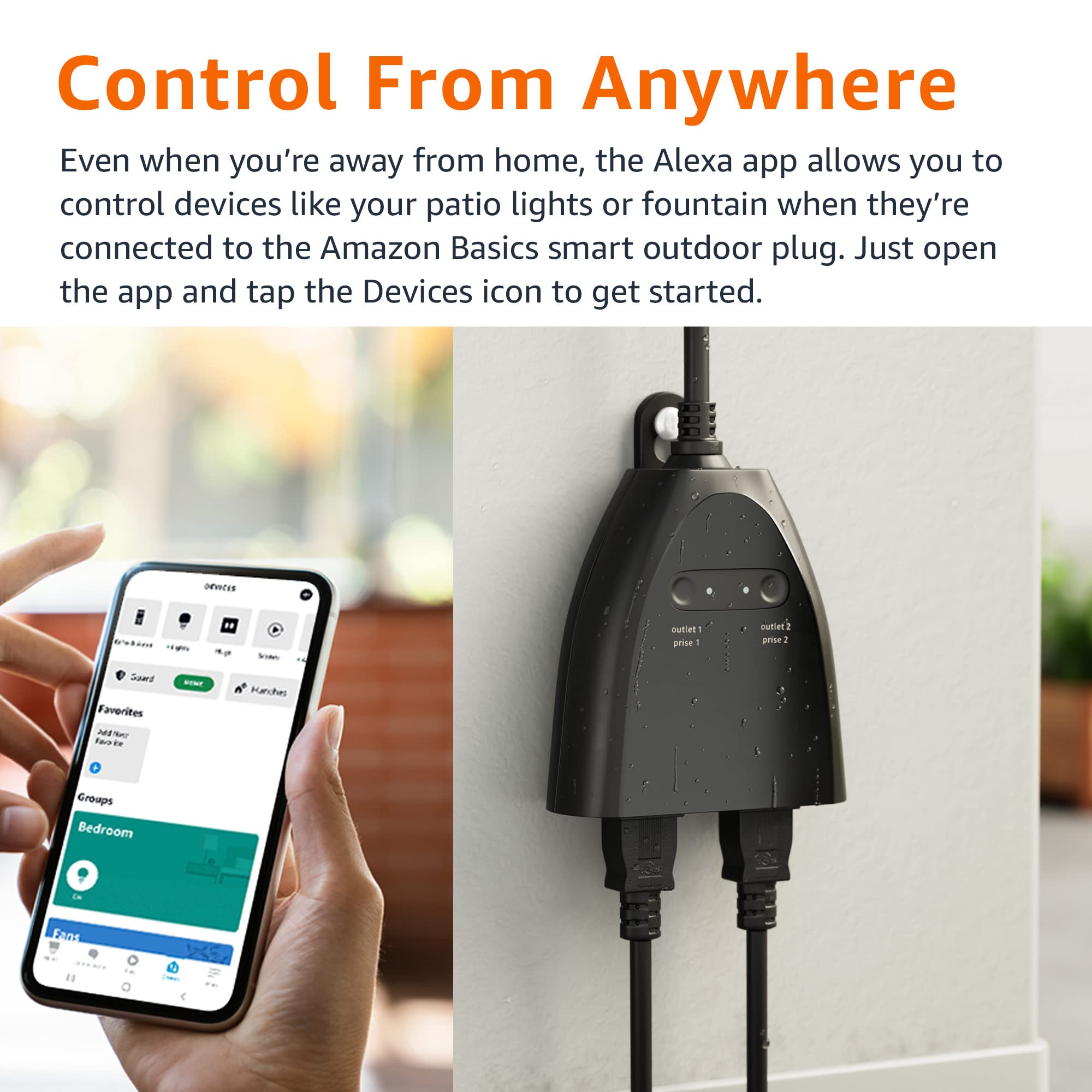 Amazon Basics Outdoor Smart Plug with 2 Individually Controlled Outlets, Works with Alexa Only, 2.4 GHz Wi-Fi, No Hub Required, Black