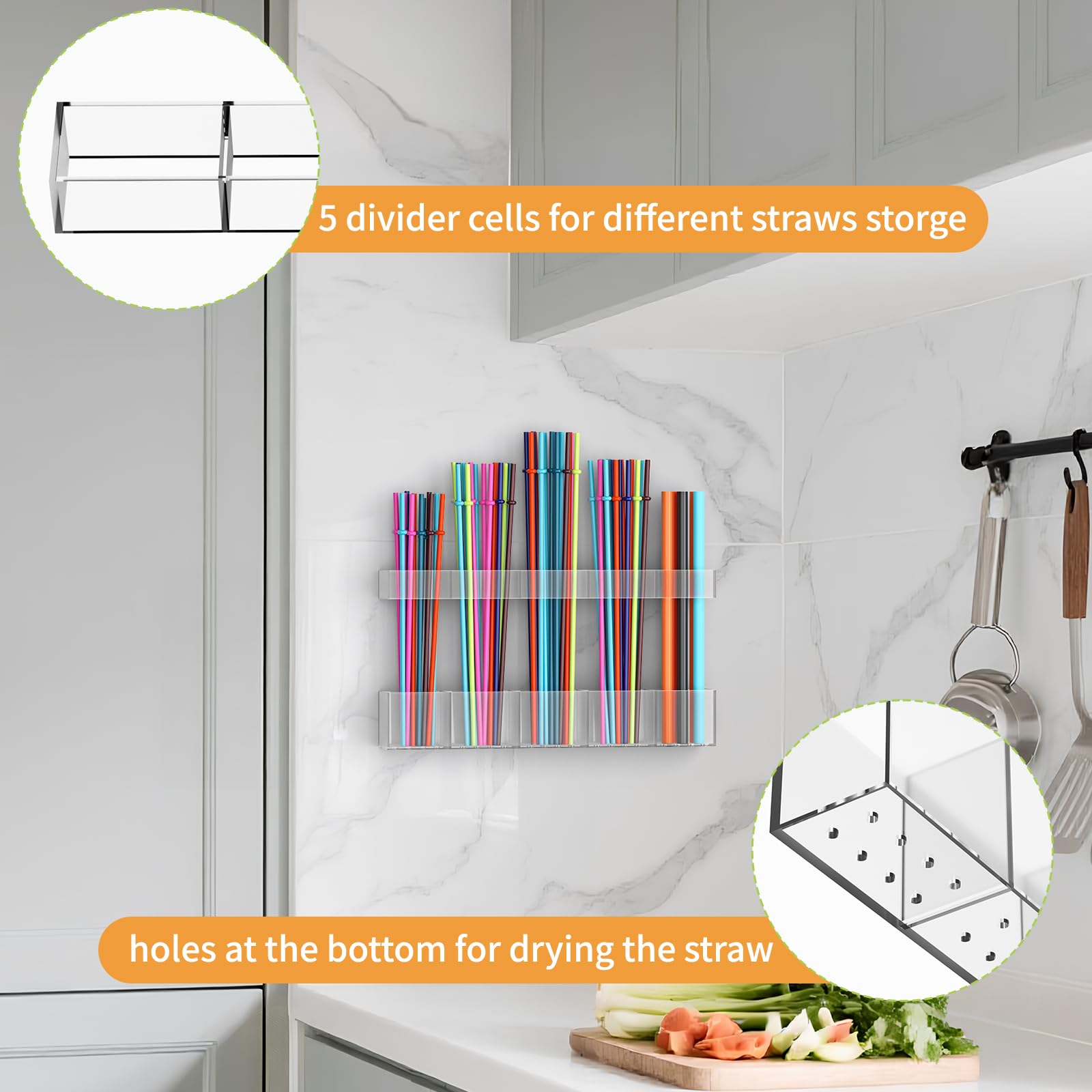HSFTEC Straw Holder for Cabinet Door, Reusable Tumbler Straw Organizer Storage Container Mount for Kitchen Counter Cupboard Door (Transparent, 1 pack)