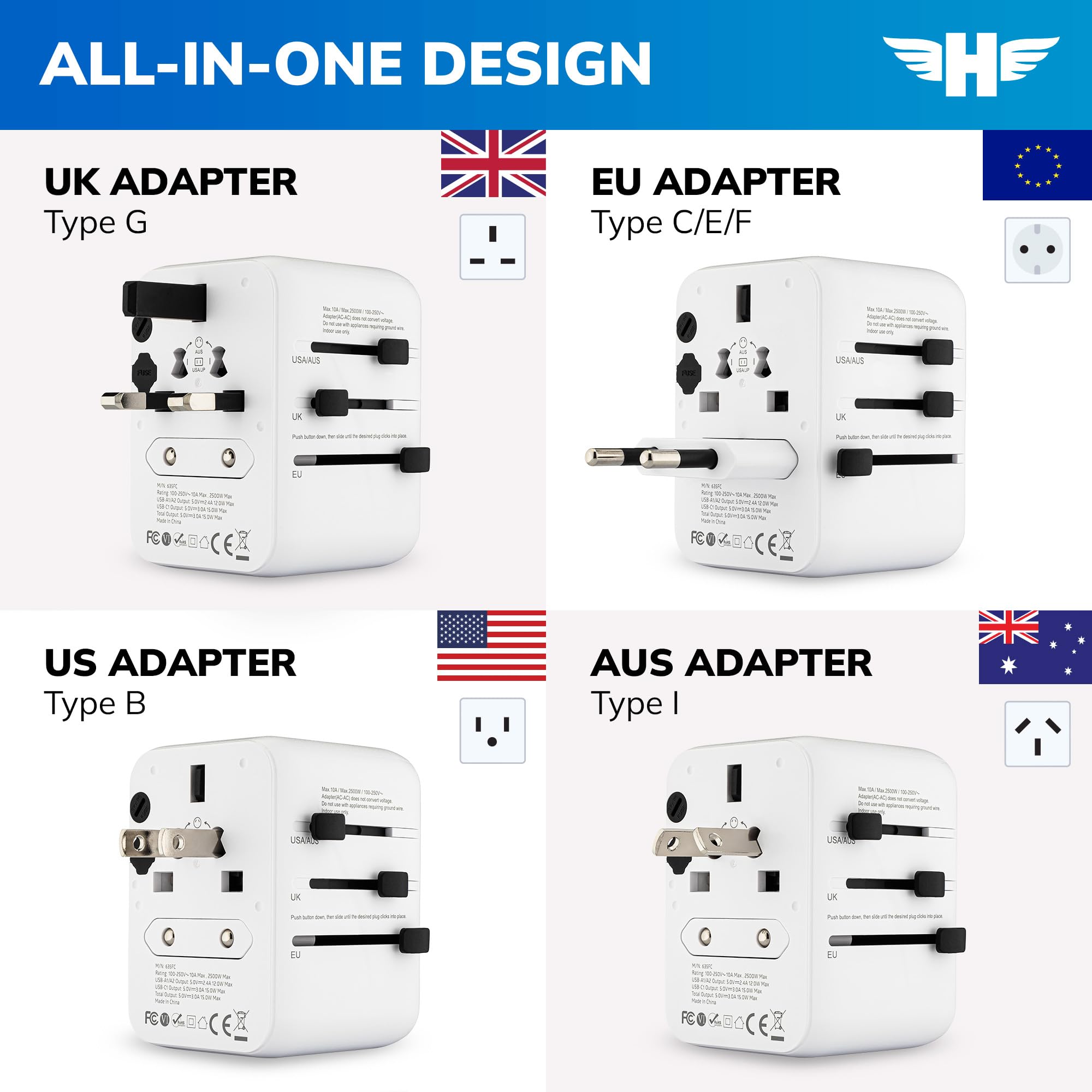 Hero Universal Travel Adapter – Power Plug for US Europe France UK Ireland Thailand NZ Australia 100+ Countries | 2 USB-A & 1 USB-C