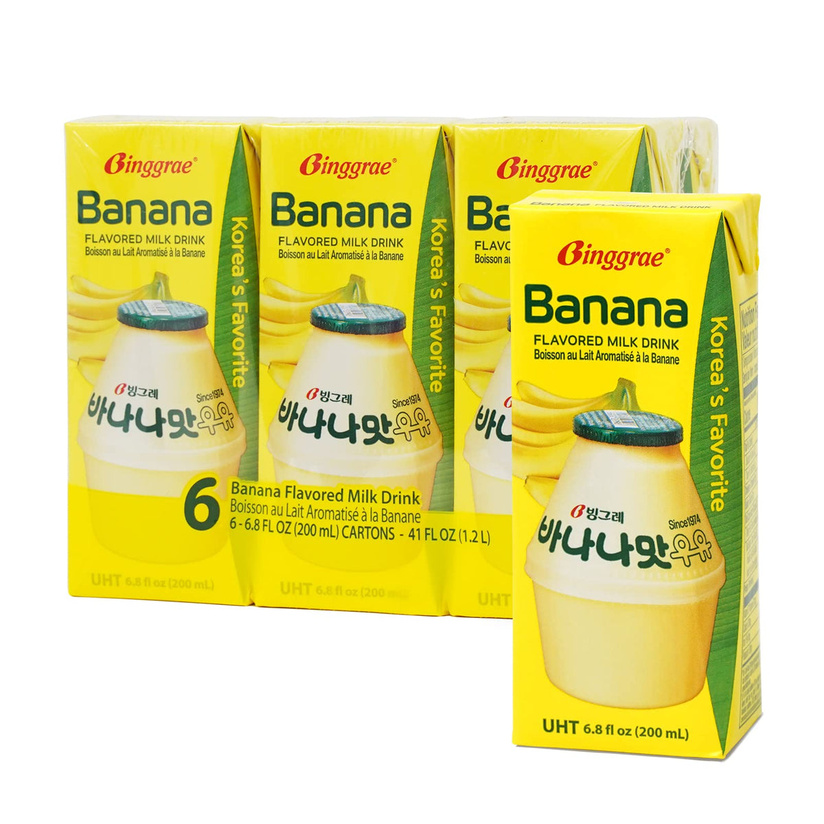 Binggrae Banana Flavored Milk Drink - Sweet and Creamy Korean Beverage - Shelf-Stable 6.8 fl oz Cartons - Pack of 6