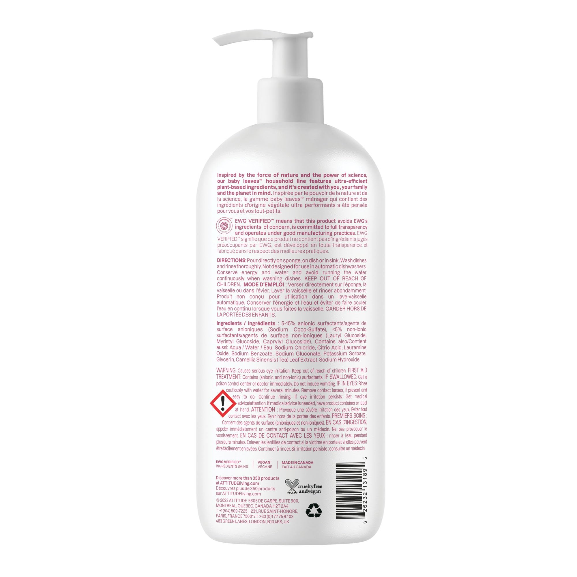 ATTITUDE Baby Dish Soap and Bottle Cleaner, EWG Verified Dishwashing Liquid, No Added Dyes or Fragrances, Tough on Milk Residue and Grease, Vegan, Unscented, 33.8 Fl Oz