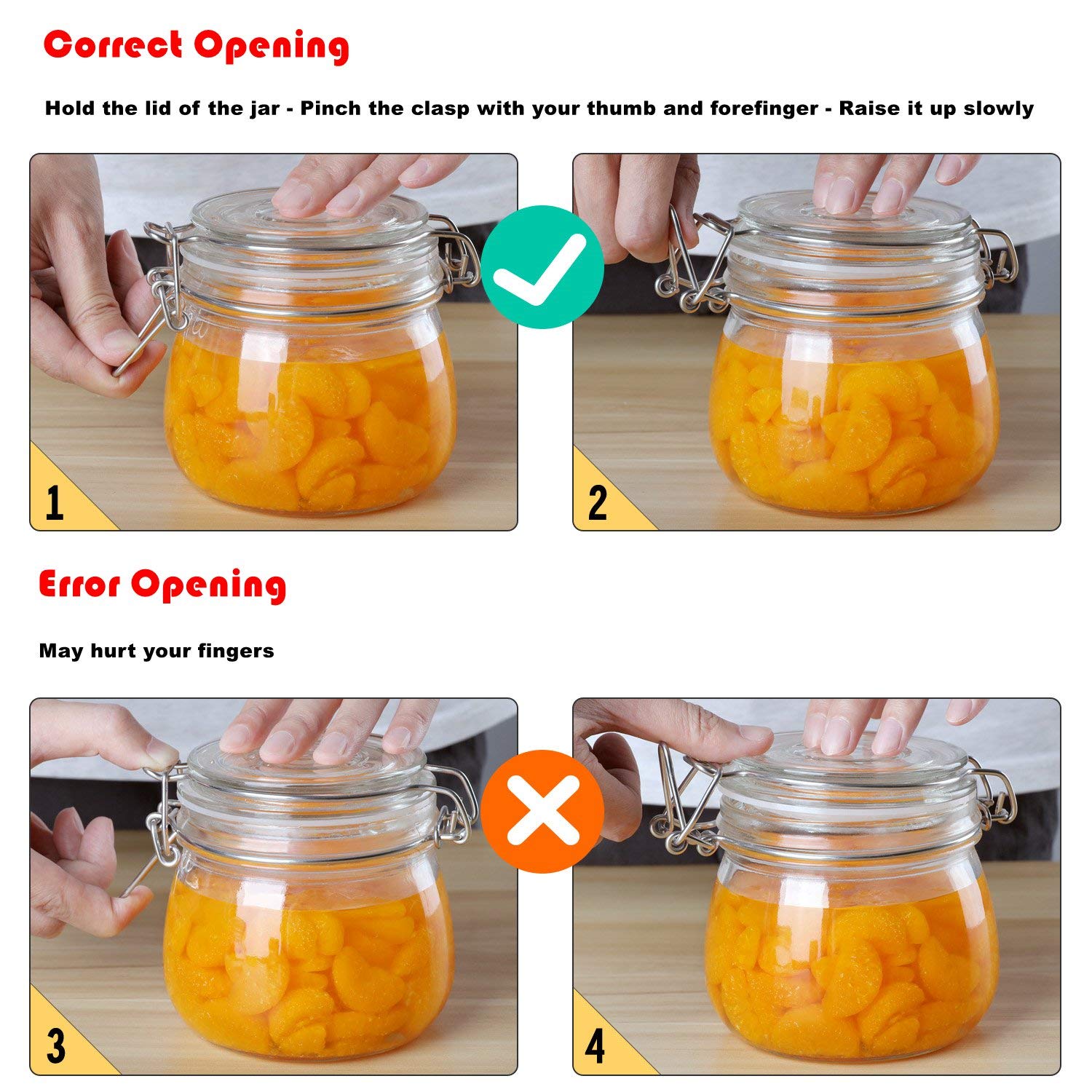 ComSaf Airtight Glass Canister Set of 3 with Lids 78oz Food Storage Jar Square - Storage Container with Clear Preserving Seal Wire Clip Fastening for Kitchen Canning Flour, Cereal, Pasta, Sugar, Beans