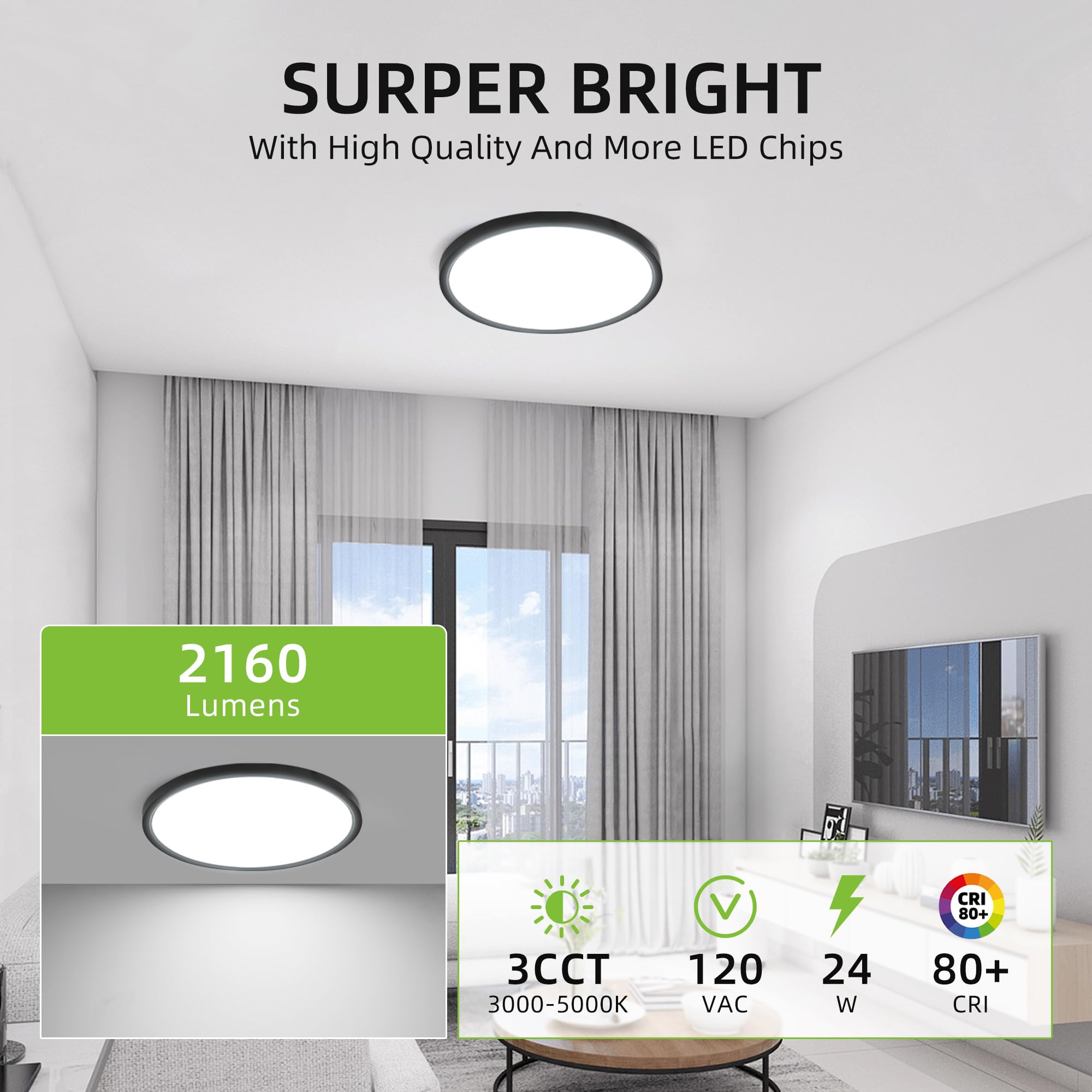 hykolity 12 Inch Selectable CCT LED Round Flat Panel Light, 24W 3000K/4000K/5000K, Edge-Lit Flush Mount Ceiling Light Fixture for Kitchen, Bedroom, Laundry and Closet Room，Black