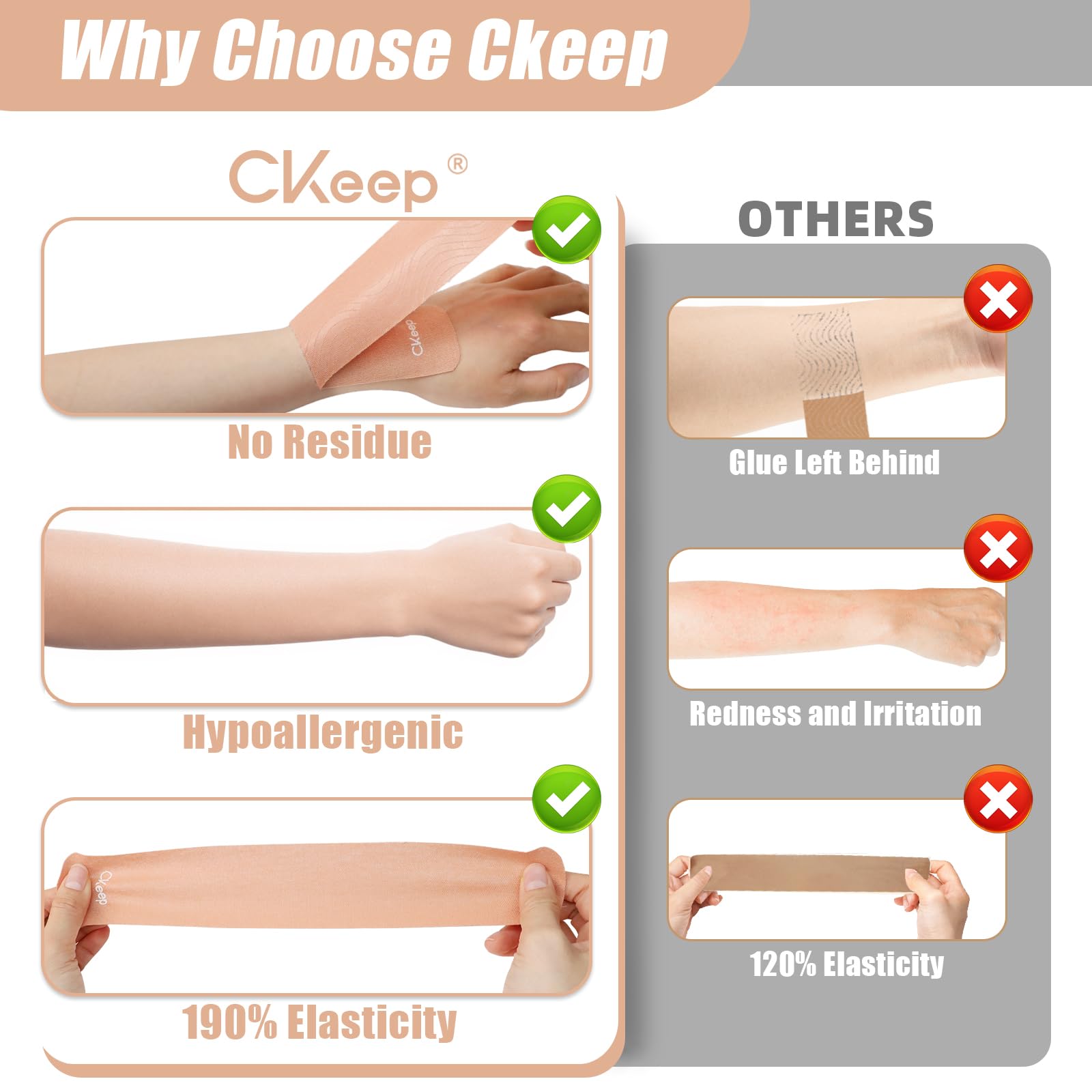 CKeep 4 Rolls Kinesiology Tape, Original Cotton Elastic Athletic Tape, 20 Precut 10" Strips Each, Beige, Ideal for Muscle Support & Injury Prevention