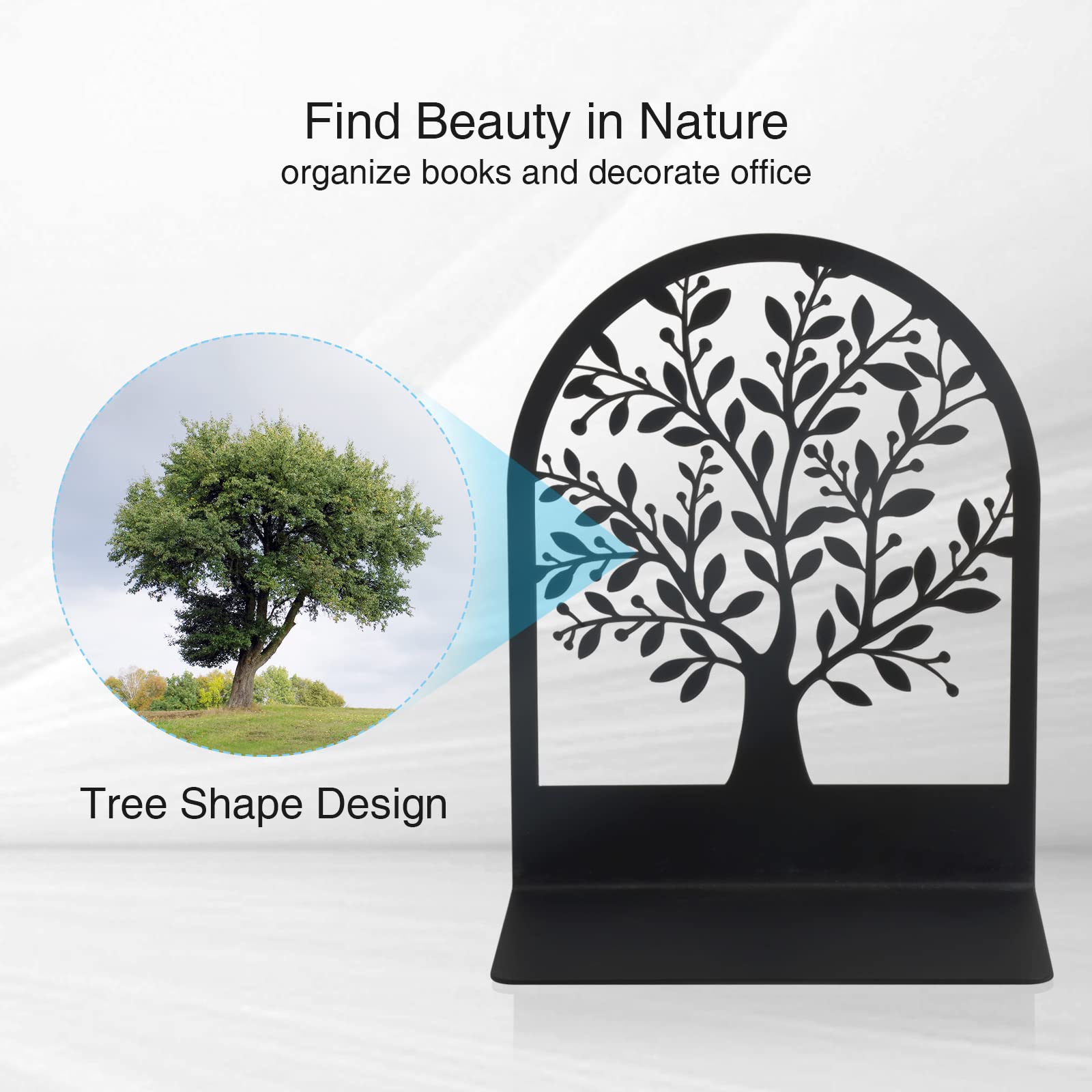 Umikk Book Ends, Metal Bookend, Tree of Life Bookend for Shelves, Home Decorative Bookends for Heavy Books, Black Non-Skid Book Stopper, 7 x 5.5 x 3.5 inch (1 Pair)