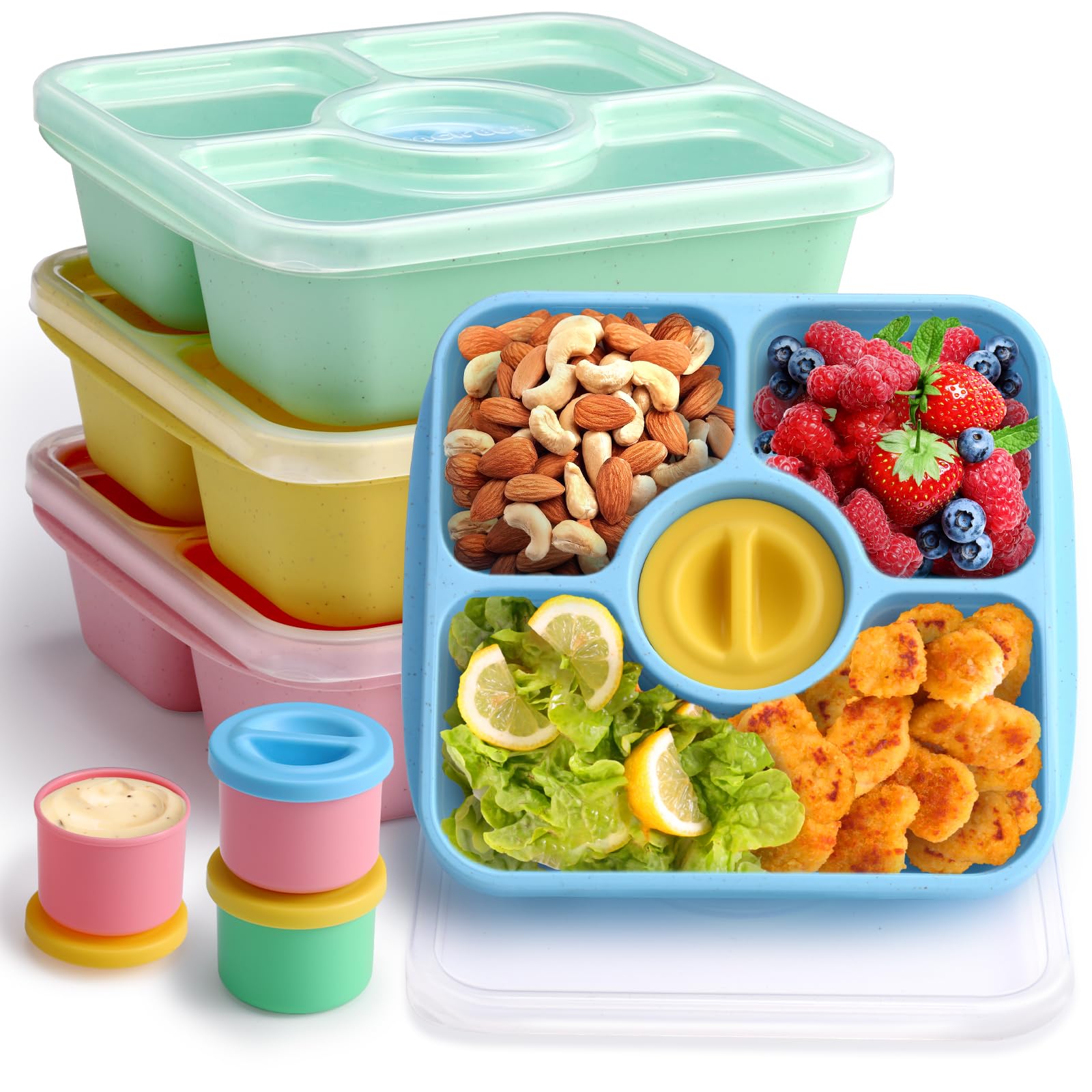 Bento Snack Box Containers for Adults Kids, 4 Pack Lunchable Meal Prep Containers Reusable, Stackable Bento Lunch Box, Food Storage Prep Containers with Lids and 4 Sauce Cups, Pastel Color, Clear Lid