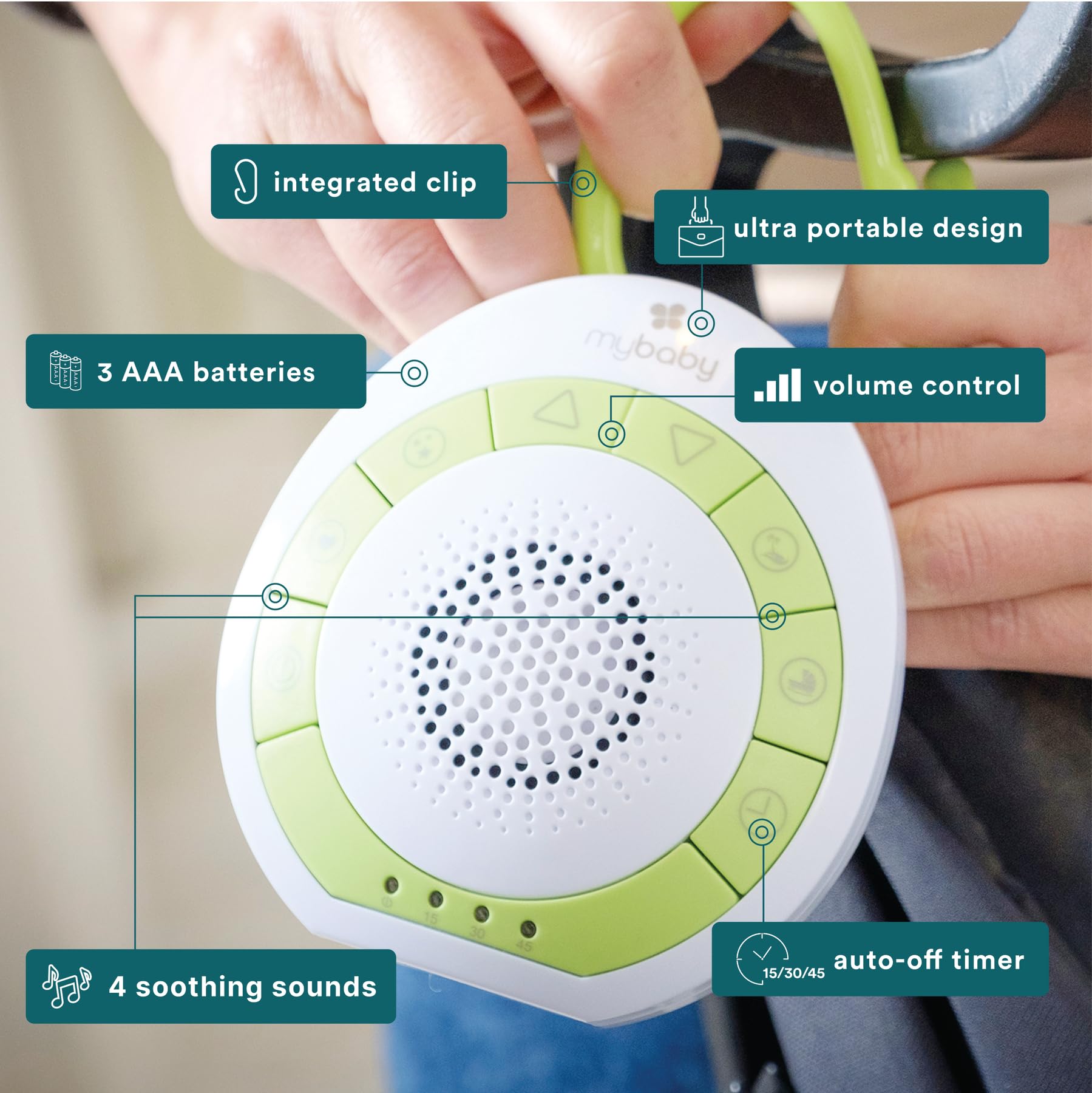 MyBaby Baby Sound Machine - White Noise Sound Machine for Baby, Travel, Nursery and On The Go - 4 Soothing Sounds, Integrated Clip, Small and Lightweight - Great for Baby Registry Gift