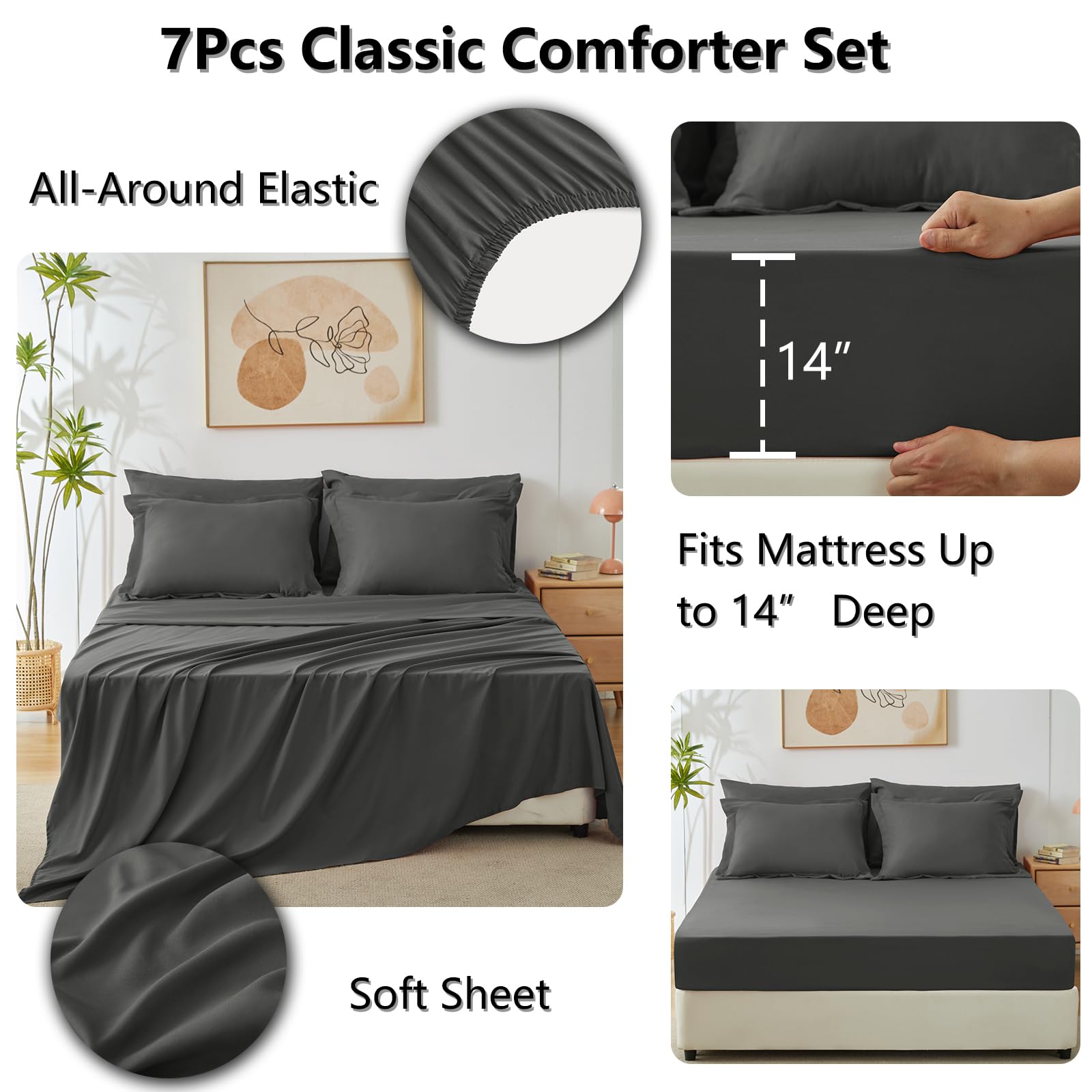 CozyLux Queen Comforter Set Dark Grey - Bed in a Bag Queen Size 7 Pieces, Luxury Soft Bed Set for All Seasons, Bedding Set with Down Alternative Comforter, Sheets, Pillowcases & Shams