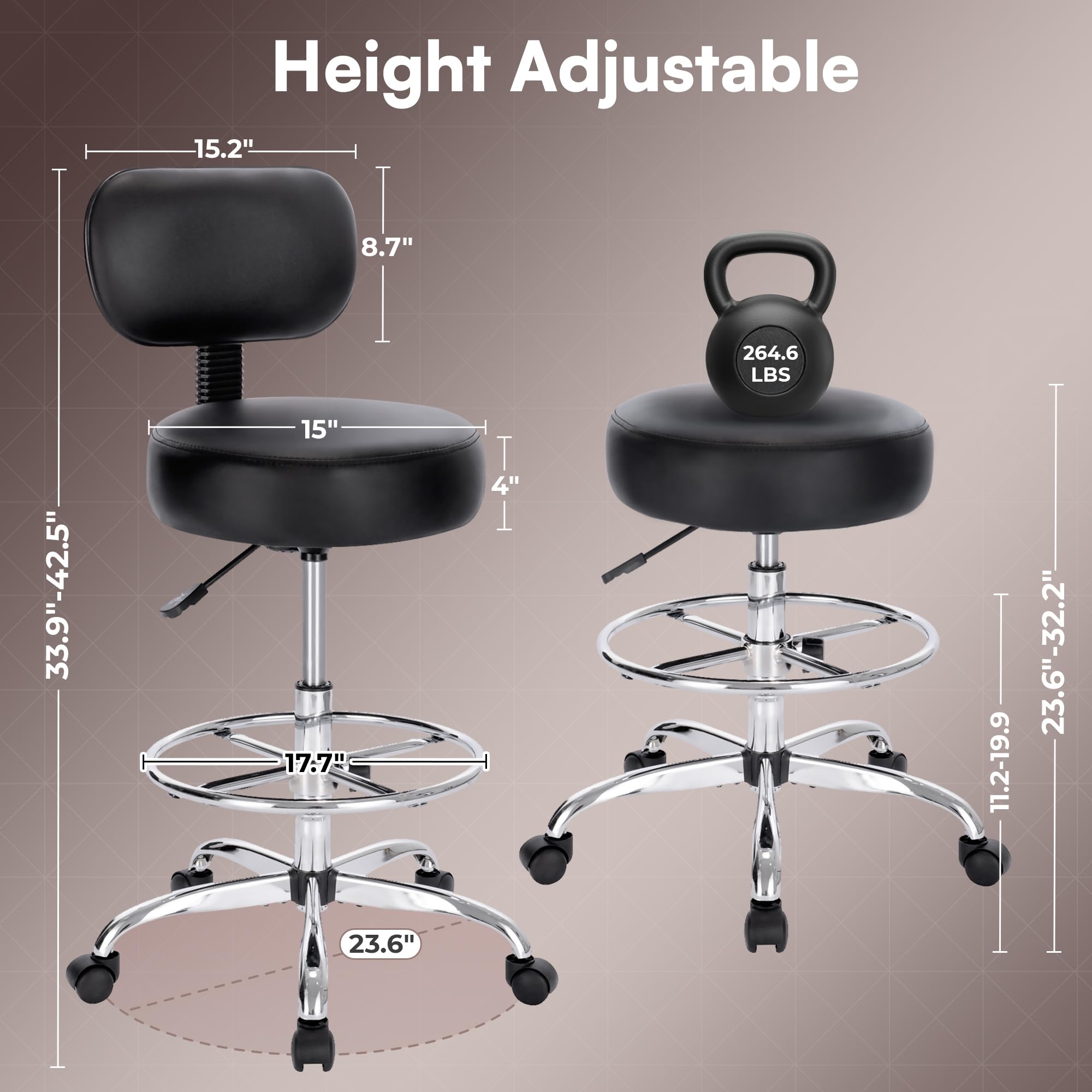 SUPERJARE Drafting Chair with Back, Adjustable Foot Rest Rolling Stool, Multi-Purpose Office Desk Chair, Thick Seat Cushion for Home Bar Kitchen Shop - Black