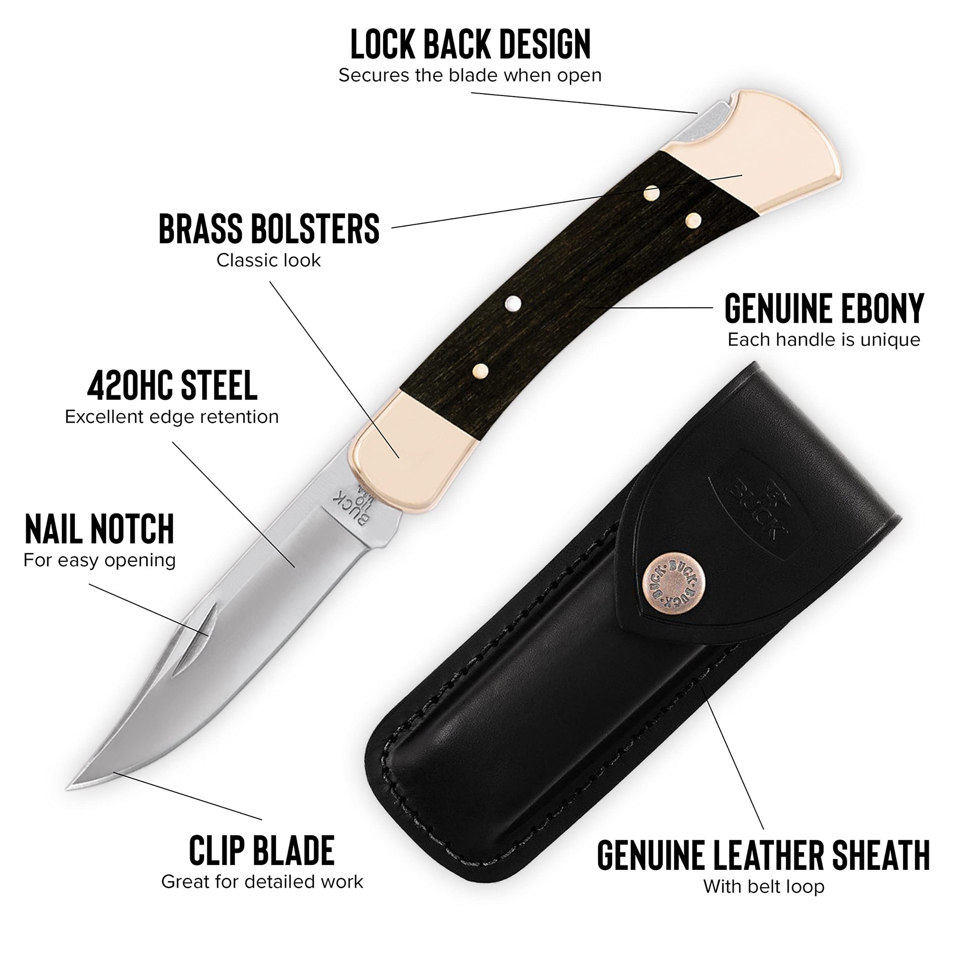 Buck Knives 110 Folding Hunter Knife, 3-3/4" Blade, Lockback Design, Ebony Handle, Brass Bolsters, 420HC Stainless Steel Clip Point Blade, Sheath Included, Hunting Knife Made in the USA, 7.2 oz