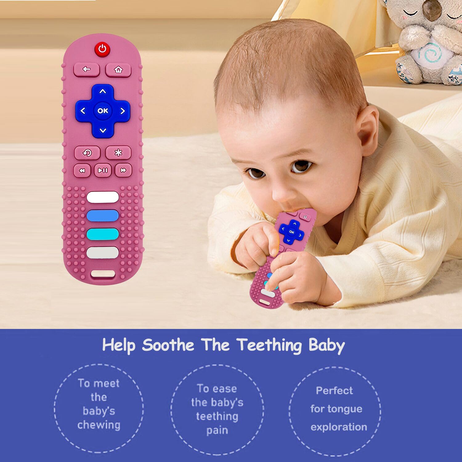 ROBBEAR Baby Teething Toys, Food Grade Silicone Teether for Babies 3 6 12 18 Months, TV Remote Shape Toddlers Chew Toys, Freezer BPA Free (Pink RC)