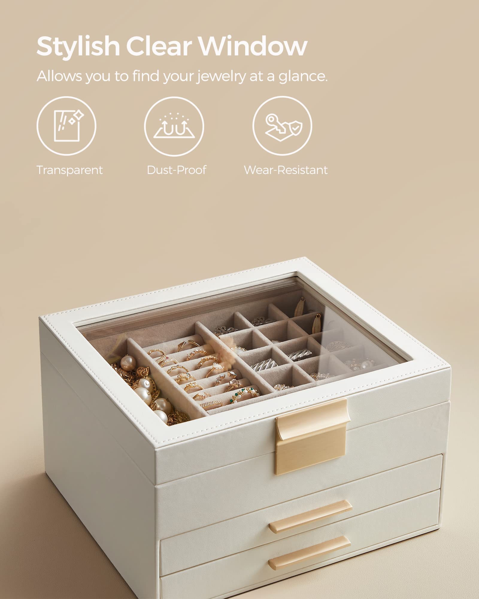 SONGMICS Jewelry Box Organizer with Glass Lid, 3-Layer Jewelry Storage, with 2 Drawers, Modern Style, 8 x 9.1 x 5.3 Inches, Cloud White and Gold Color UJBC239WT