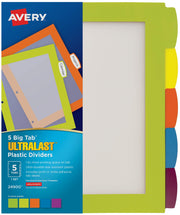 Avery Ultralast Big Tab Plastic Dividers for 3 Ring Binders, 5-Tab Set, Multicolor with White Labels, 1 Set (24900)