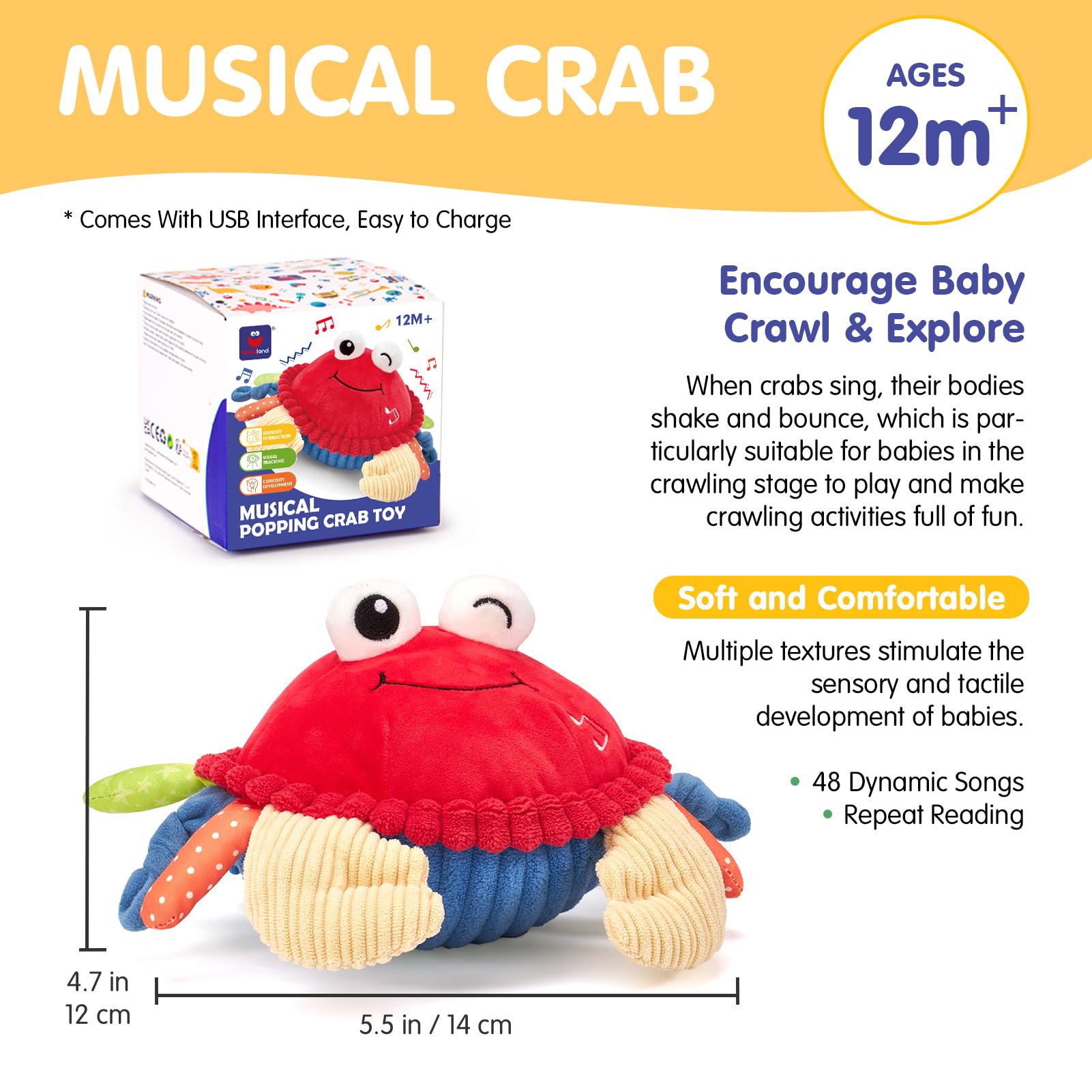 hahaland Baby Toys 12-18 Months - Crawling Musical Dancing Walking Moving Bouncing Learning Crab Tummy Time Toy Sensory Toddler Travel Toys for 1-3 Year Old Christmas Birthday Gifts Stocking Stuffers