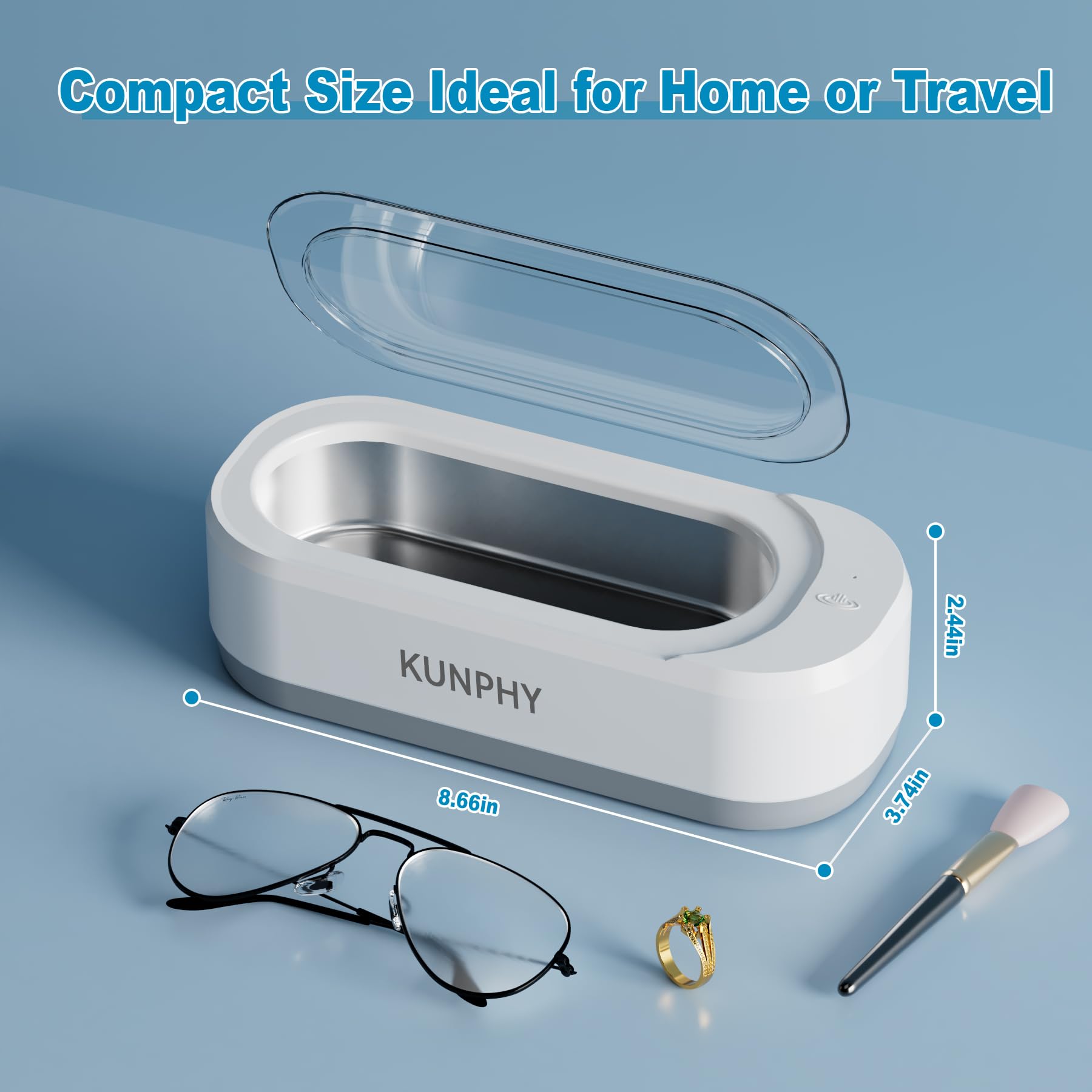KUNPHY Ultrasonic Jewelry Cleaner, Jewelry Cleaner Machine 12oz 46KHz, Professional Sonic Cleaner with One-Touch Operation, Sonic Cleaner for Rings, Glasses, Jewelry, Dentures White