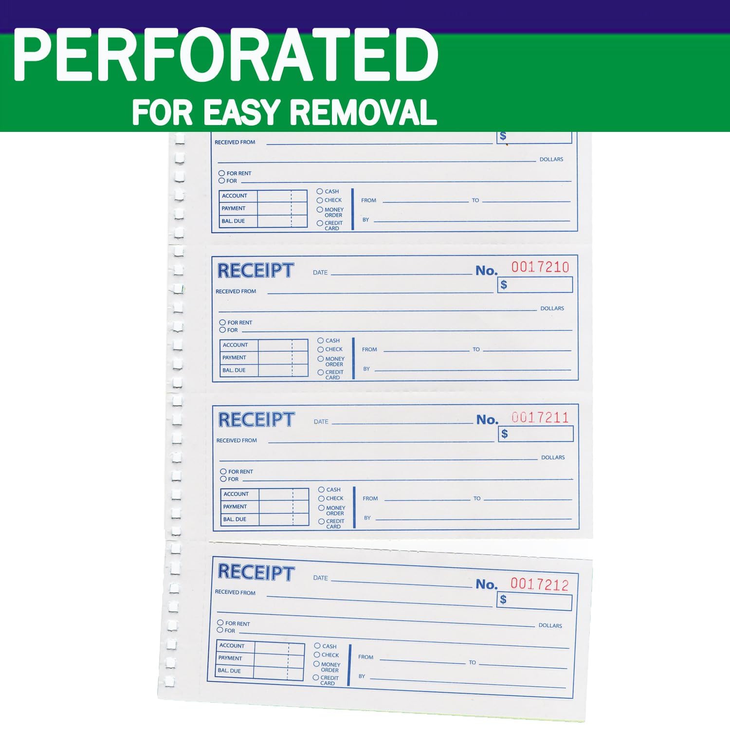 Money and Rent Receipt Book 2-Part Carbonless 7-5/8" x 11" Spiral Bound 200 Sets per Book 4 Receipts per Page(1pack)