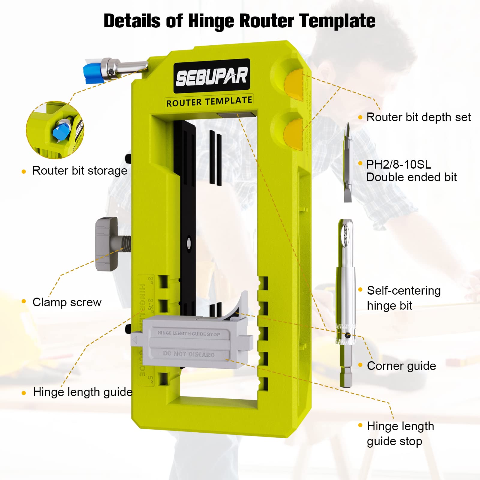 Door Hinge Jig, Door Hinge Mortiser, Router Template Fits for Door Hinges from 3” to 5” Length and Types of Sqaure, Radius 1/4” or Radius 5/8”.