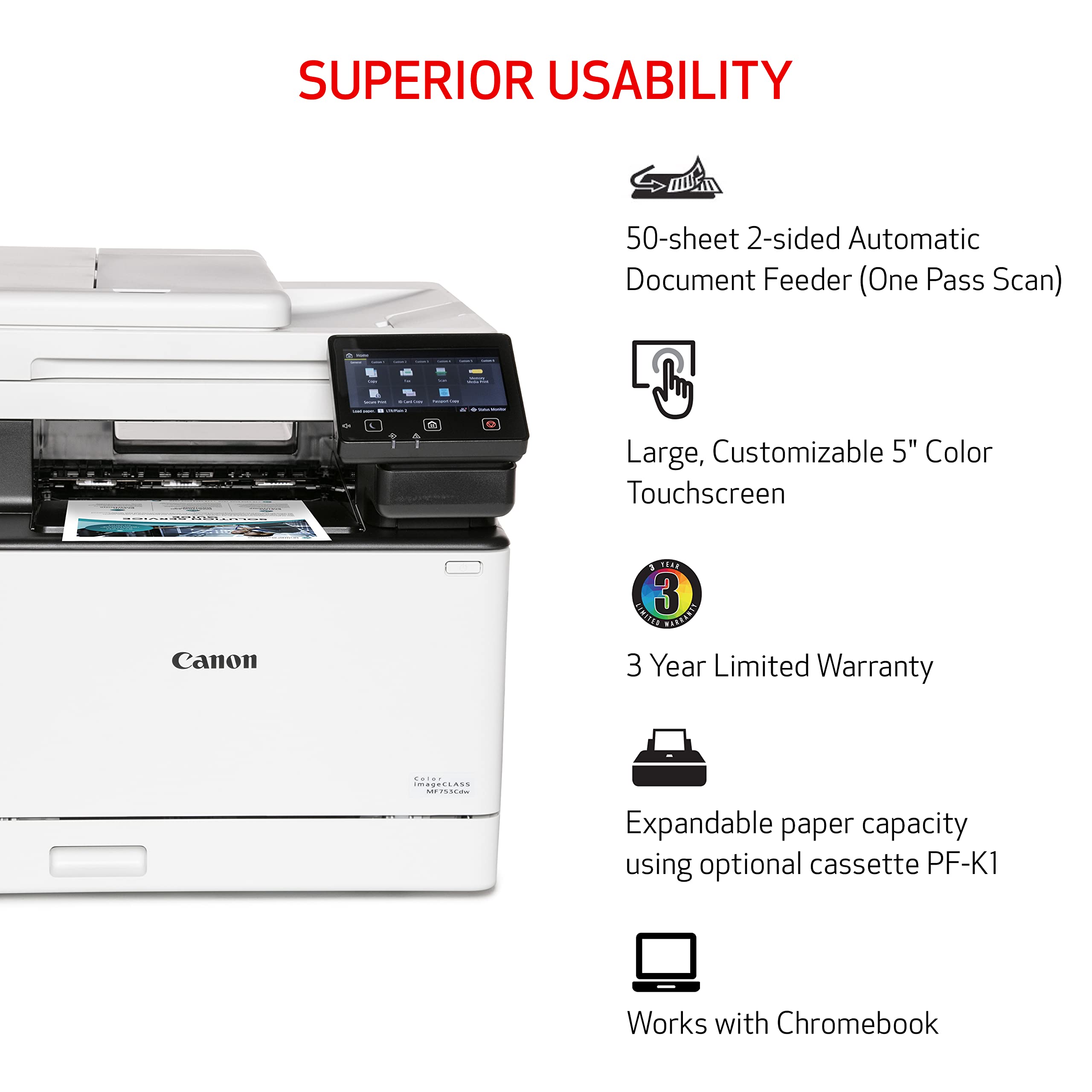 Canon imageCLASS MF753Cdw - Wireless Duplex Color Laser Printer, All-In-One with Scanner, Copier, Fax, Auto Document Feeder, Mobile Ready, 3 Year Limited Warranty, 35 PPM, White