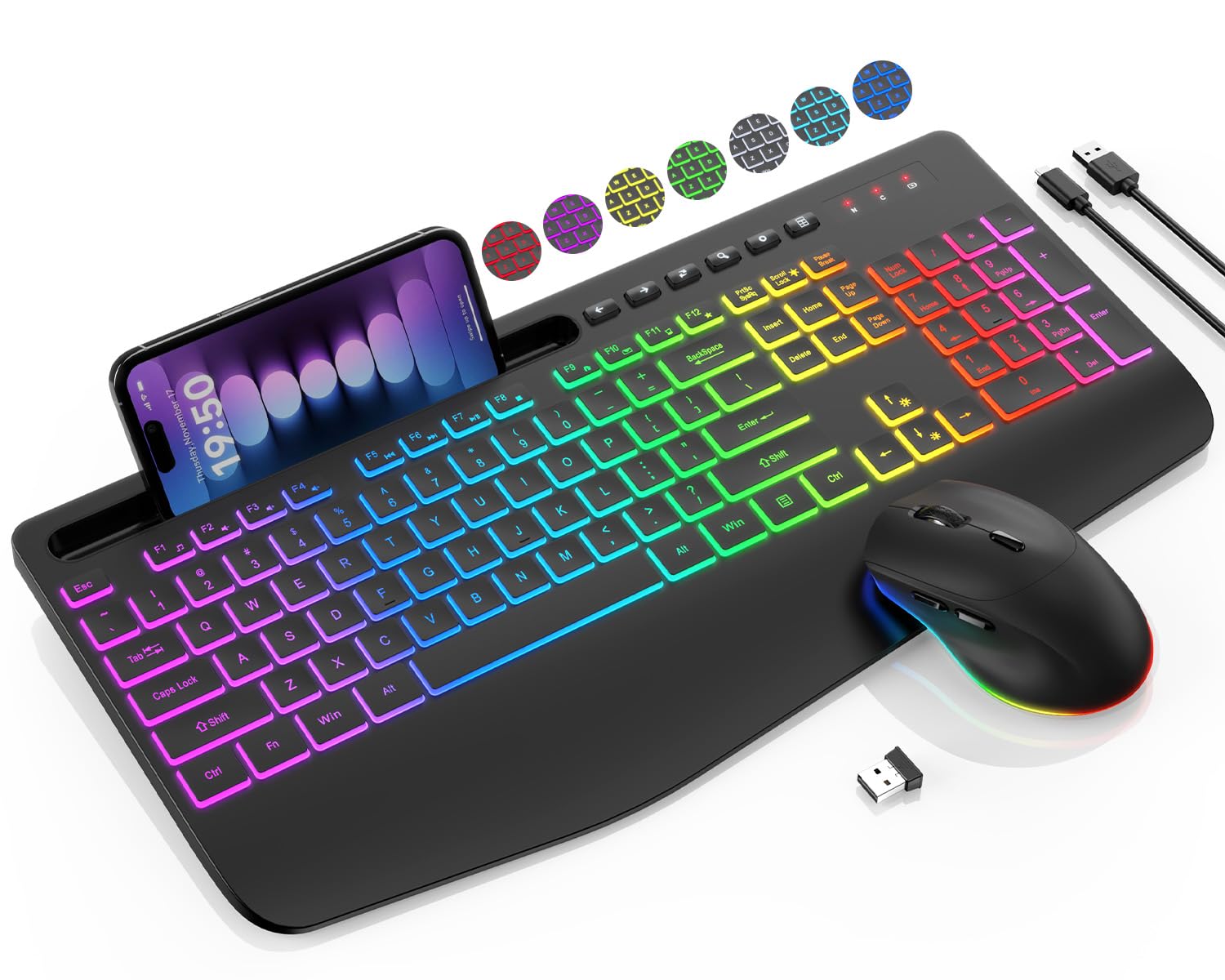 Wireless Keyboard and Mouse Combo - 9 Backlit Effects, RGB, Ergonomic Wrist Rest, Phone Holder, 2.4G Full Size, Rechargeable, Sleep Mode, Quiet Keyboard Set for Computer, PC, Laptop, Mac, Windows