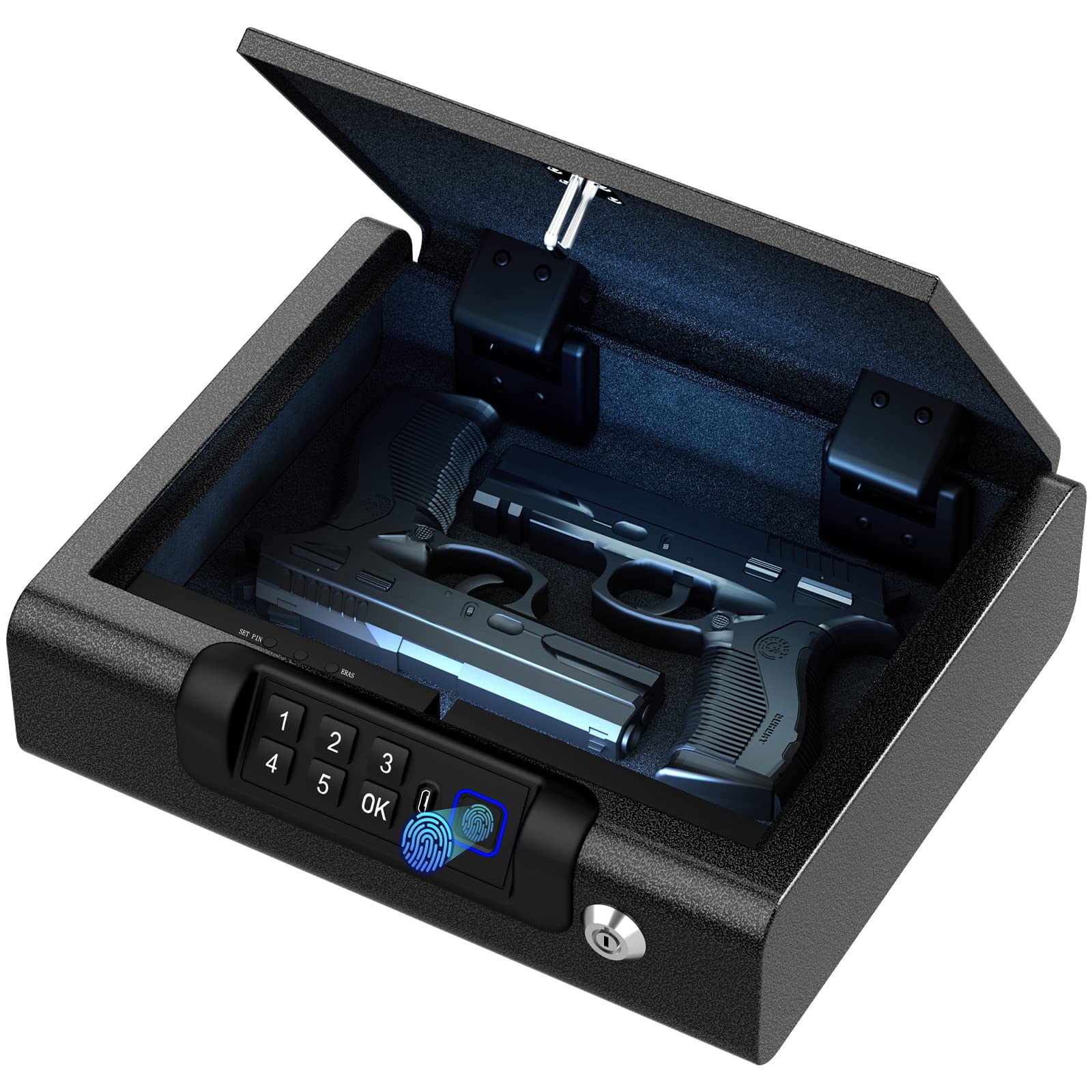 Biometric Gun Safe for Pistols 3-Ways unlock Fingerprint Digital PIN Key Unlock Handgun Safe with Sound, Lock box for Cloakroom living room Bedroom Nightstand and Car BILLCONCH