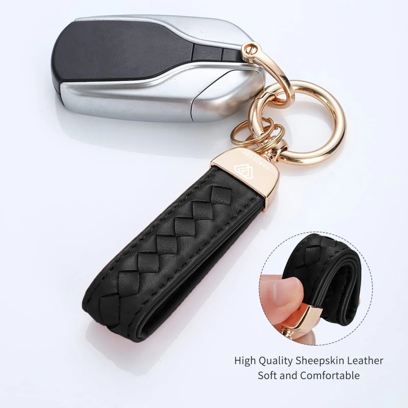 Genuine Leather Car Keychain, Handmade Knit Sheepskin Key chains for Women, Universal Key Fob Holder with 360 Degree Rotatable, Anti-Lost D-Ring, 2 Keyrings and 1 Screwdriver – Black