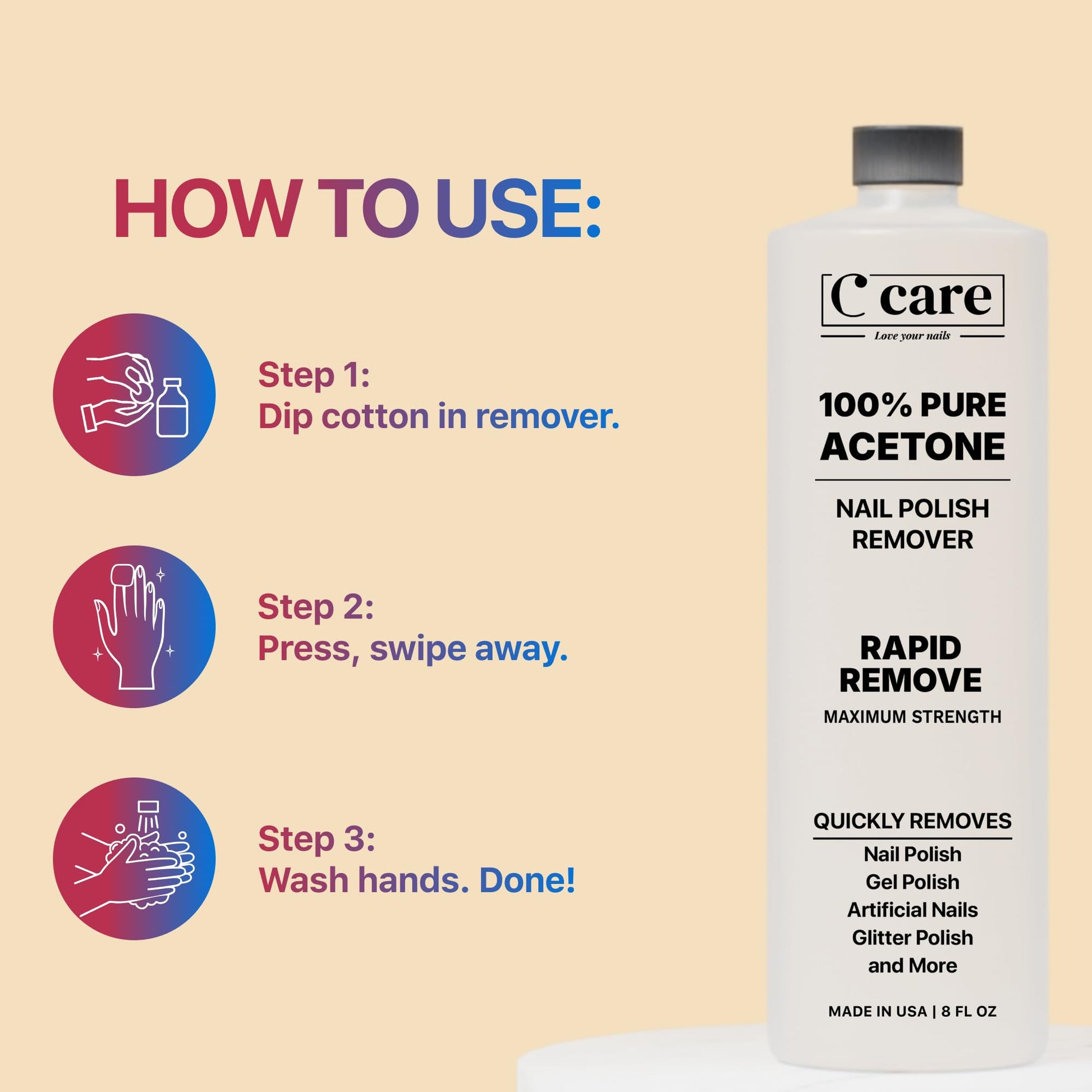 100% Pure Acetone Nail Polish Remover | Professional Quality | Easy To Use | Rapidly Removes Natural, Gel, Acrylic, and Glitter Nails | 8 Fl oz