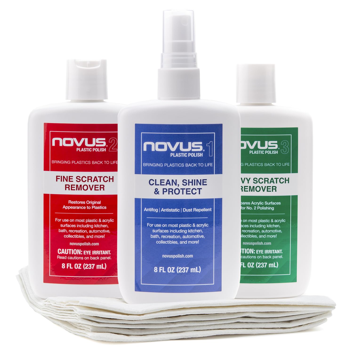 NOVUS-PK1-8OZ-PM, Plastic Clean & Shine #1, Fine Scratch Remover #2, Heavy Scratch Remover #3, and Extra Polish Mates Pack, 8 Ounce Bottles