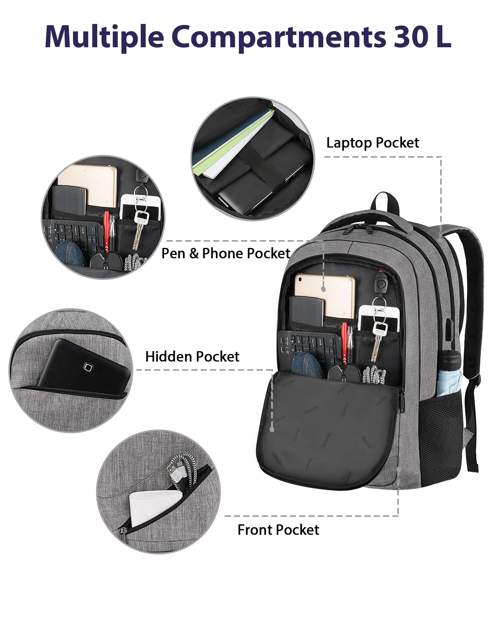 MATEIN Travel Laptop Backpack, 17 Inch Work TSA Approved Carry on Backpack, Large Computer Business Bag for Men Women with USB Port and Trolley Sleeve, College School Rucksack Book Bag, Grey
