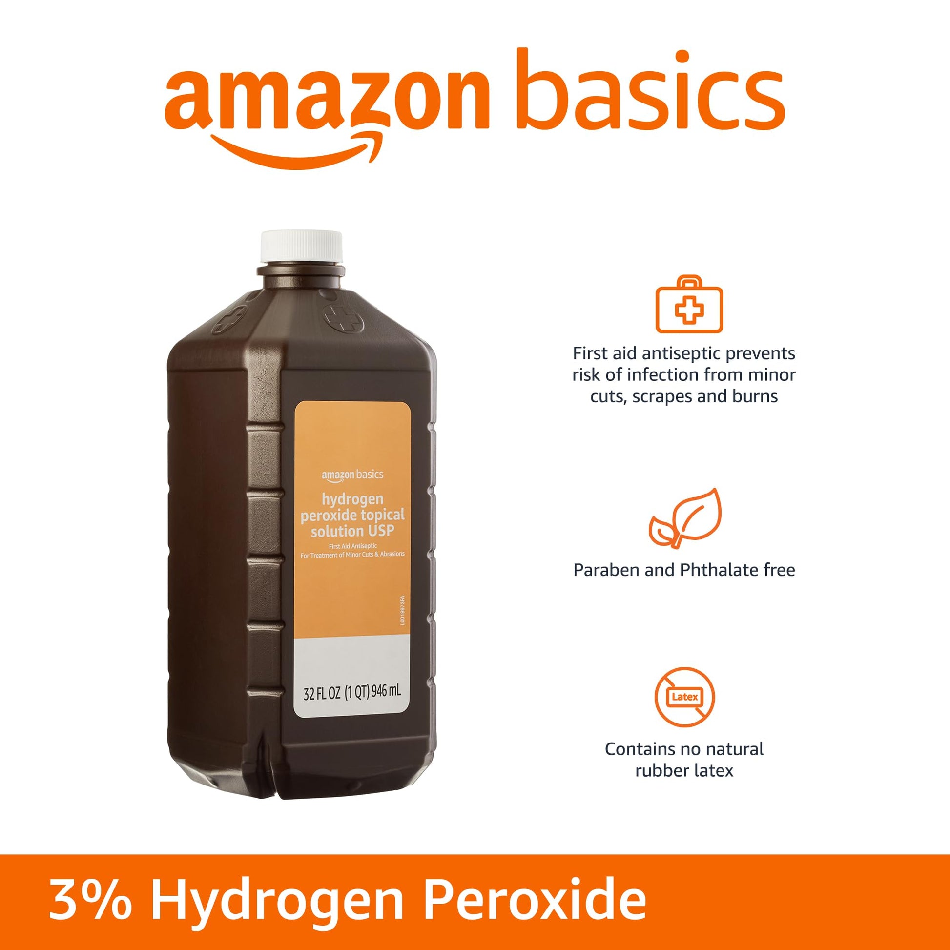Amazon Basics Hydrogen Peroxide Topical Solution USP, First Aid Antiseptic for Cuts, Scrapes and Wound Disinfection, Pack of 1, 32 fl oz