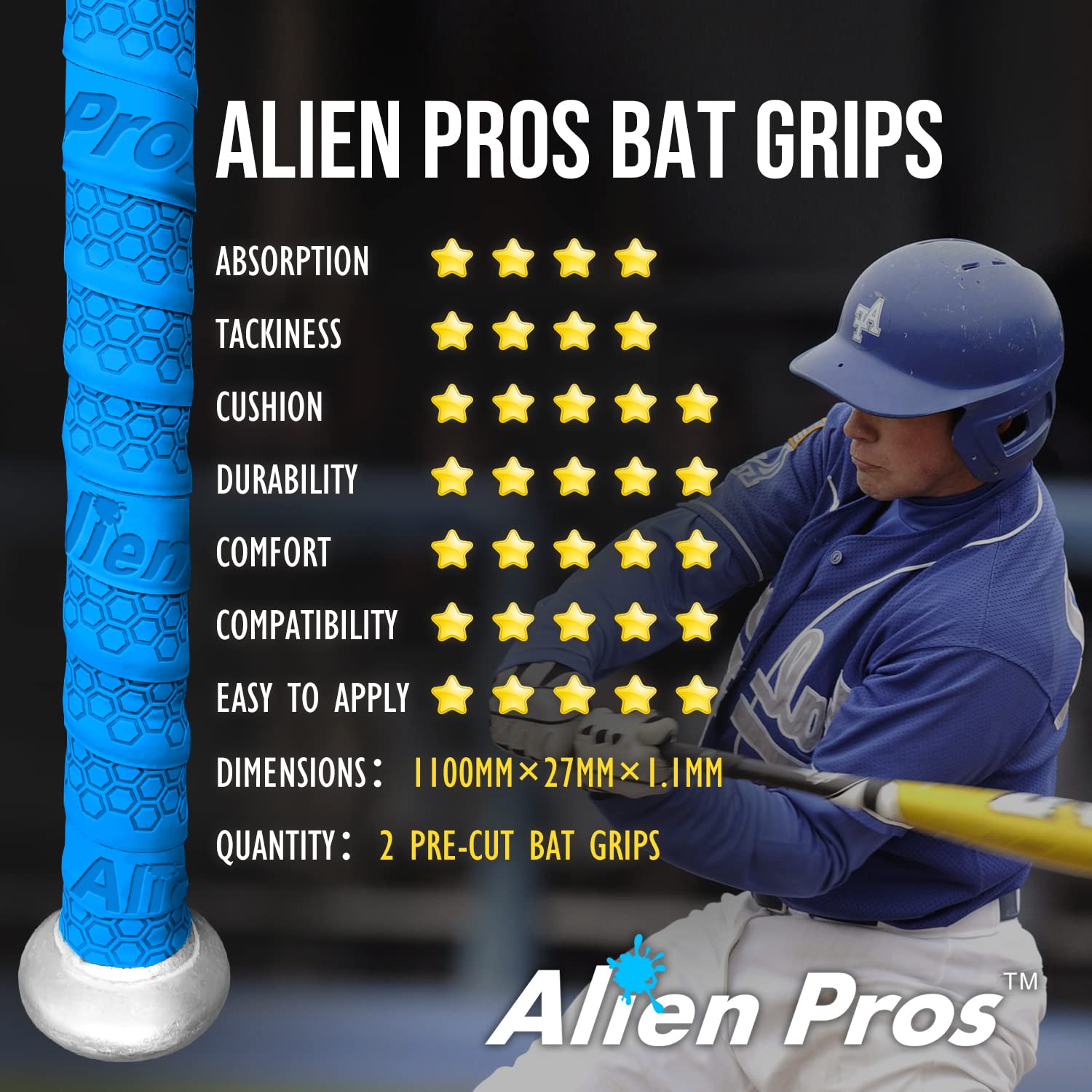 Alien Pros Bat Grip Tape for Baseball (2 Grips) – 1.1 mm Precut and Pro Feel Bat Tape – Replacement for Old Baseball bat Grip – Wrap Your Bat for an Epic Home Run (2 Grips, Black)