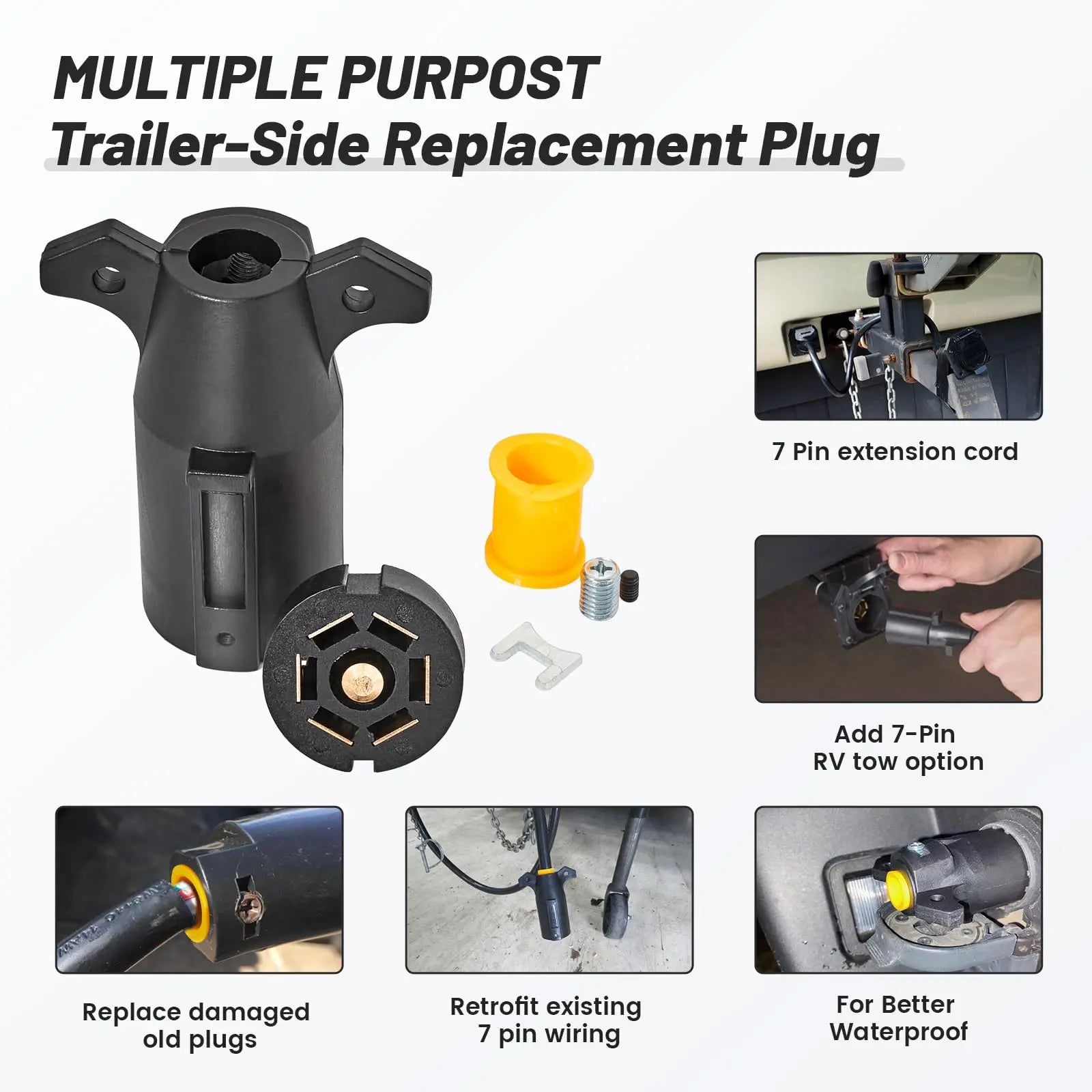 MECMO RV 7 Pin Trailer Plug Splice-in Replacement Trailer Side Male End 7 Way Round RV-Style Trailer Light Wiring Harness Connector, Heavy Duty 7 Prong Trailer Wiring Tow Plug for RV Boat Trailer