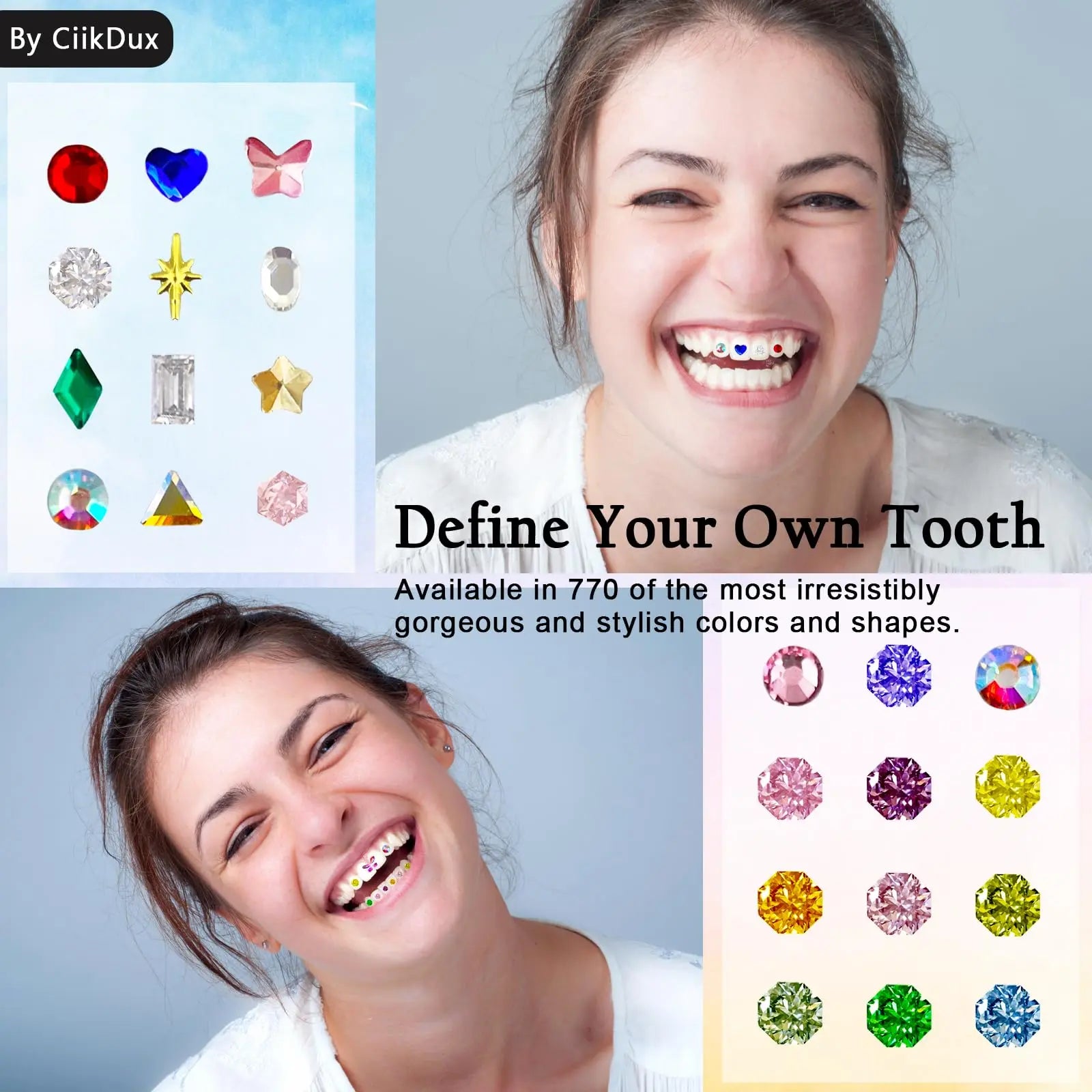 CiikDux DIY Tooth Gem Kit, Tooth Jewelry Gems Kit Include 770 Crystals 12 Shapes Bedazzle Gems, Teeth Jewelry Starter Kit