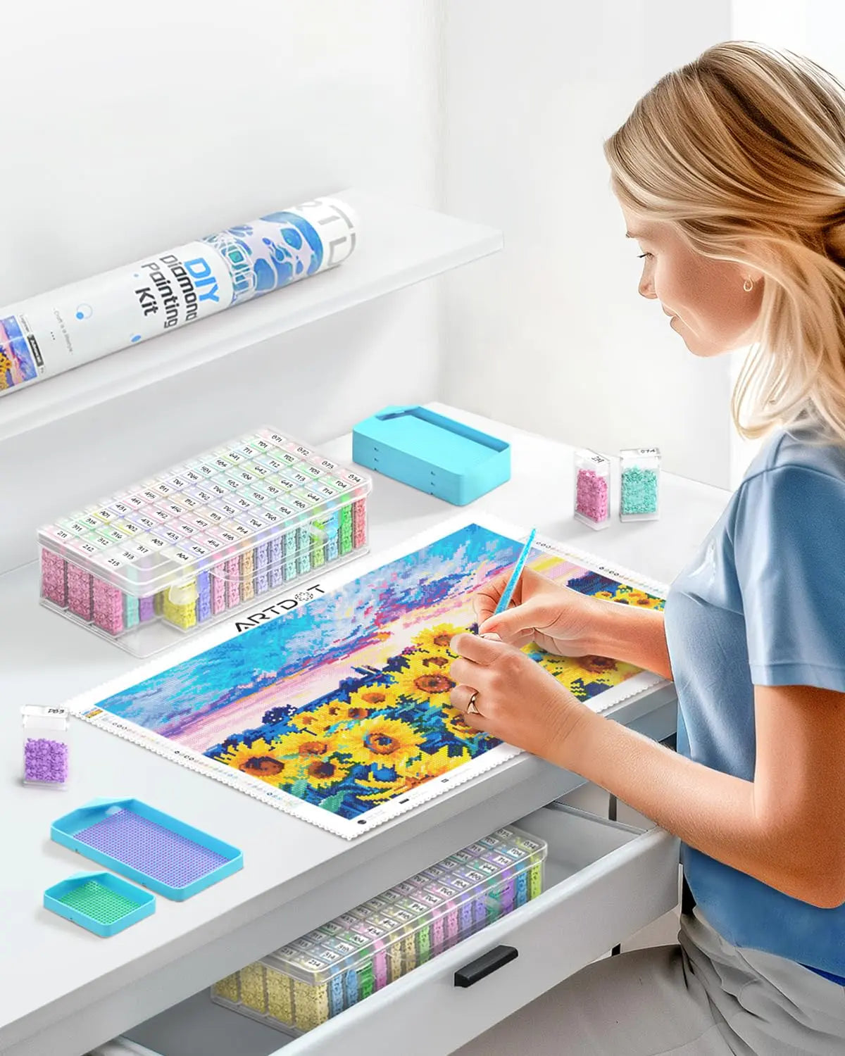 ARTDOT 64 Jars Storage Containers for Diamond Art Kits for Adults, Portable Storage Organizer with Sticker Labels for Diamond Painting Accessories and Tools