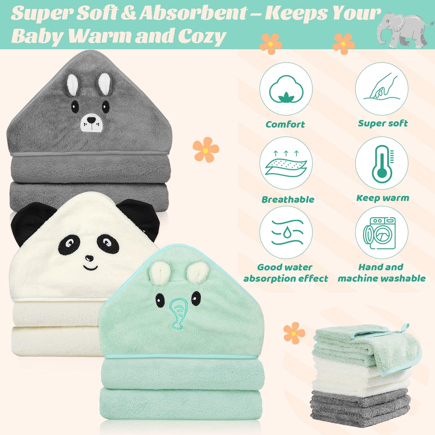 Sublaga 12 PCS Baby Towels, 3 PCS Soft Hooded Baby Towels & 9 PCS Washcloths, Baby Bath Towels for Newborns, Infants & Toddlers- Ultra Absorbent, Cute Baby Towel Gift for Boys & Girls