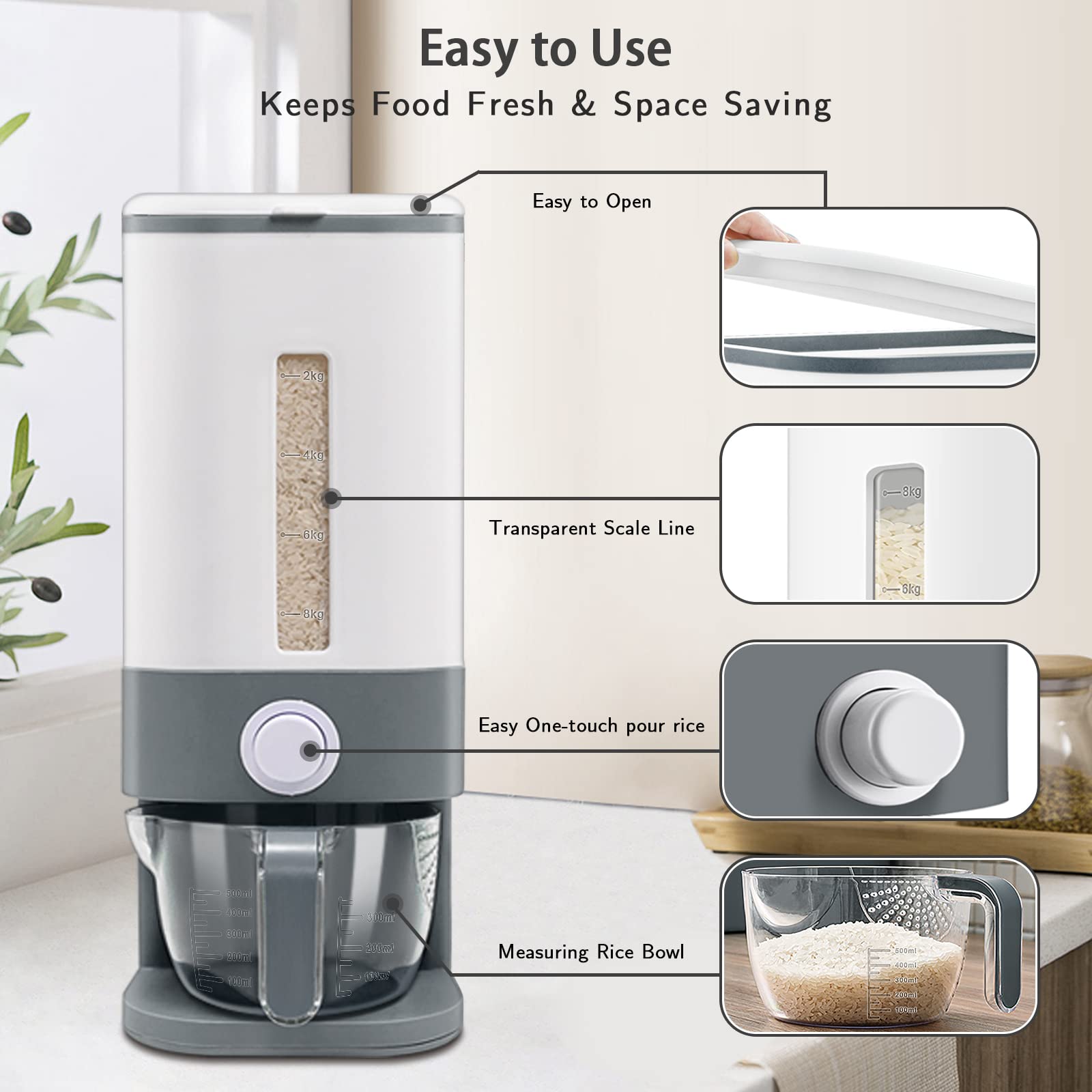 Lenwi 22-25 Lbs Rice Dispenser, Large Cereal Dry Food Storage Containers with Measuring Cup,BPA-Free Household for Kitchen Pantry Organization-Grey