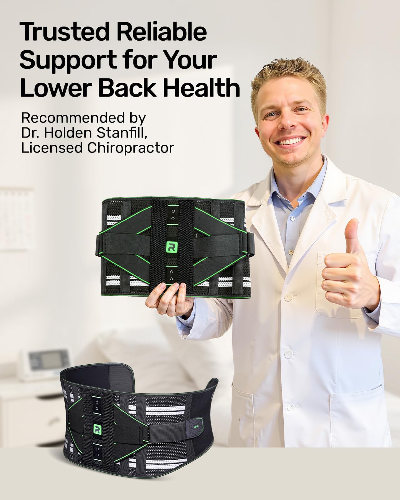 Rakiie Back Brace for Lower Back Pain Relief, 8X Powerful Lumbar Support with 3D Pad, Support Belt for Men Women, Breathable Back Support Brace with Adjustable Strap, Green Size M