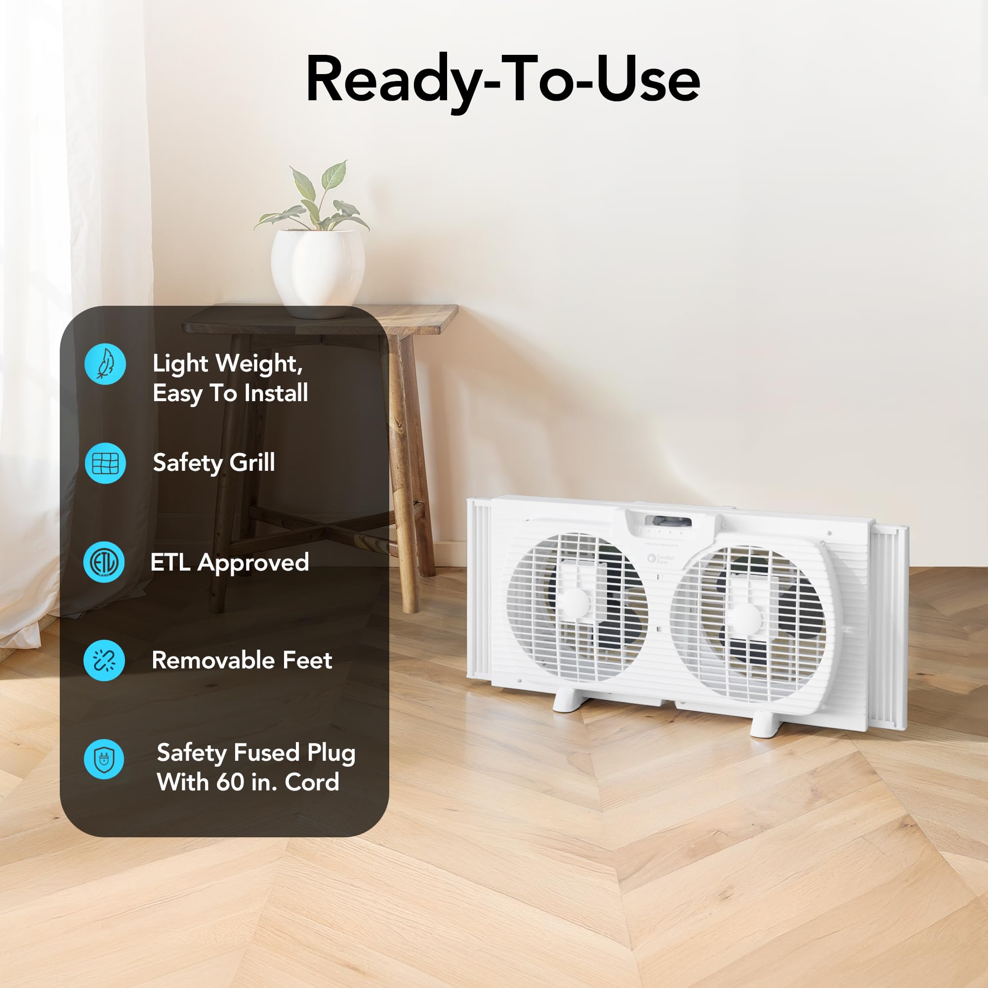 Comfort Zone Window Fan for Bedroom, 9 inch 3 Speed Dual Fans with Auto-Locking Expanders, Window Exhaust Fan, Removeable Bug Screen, White