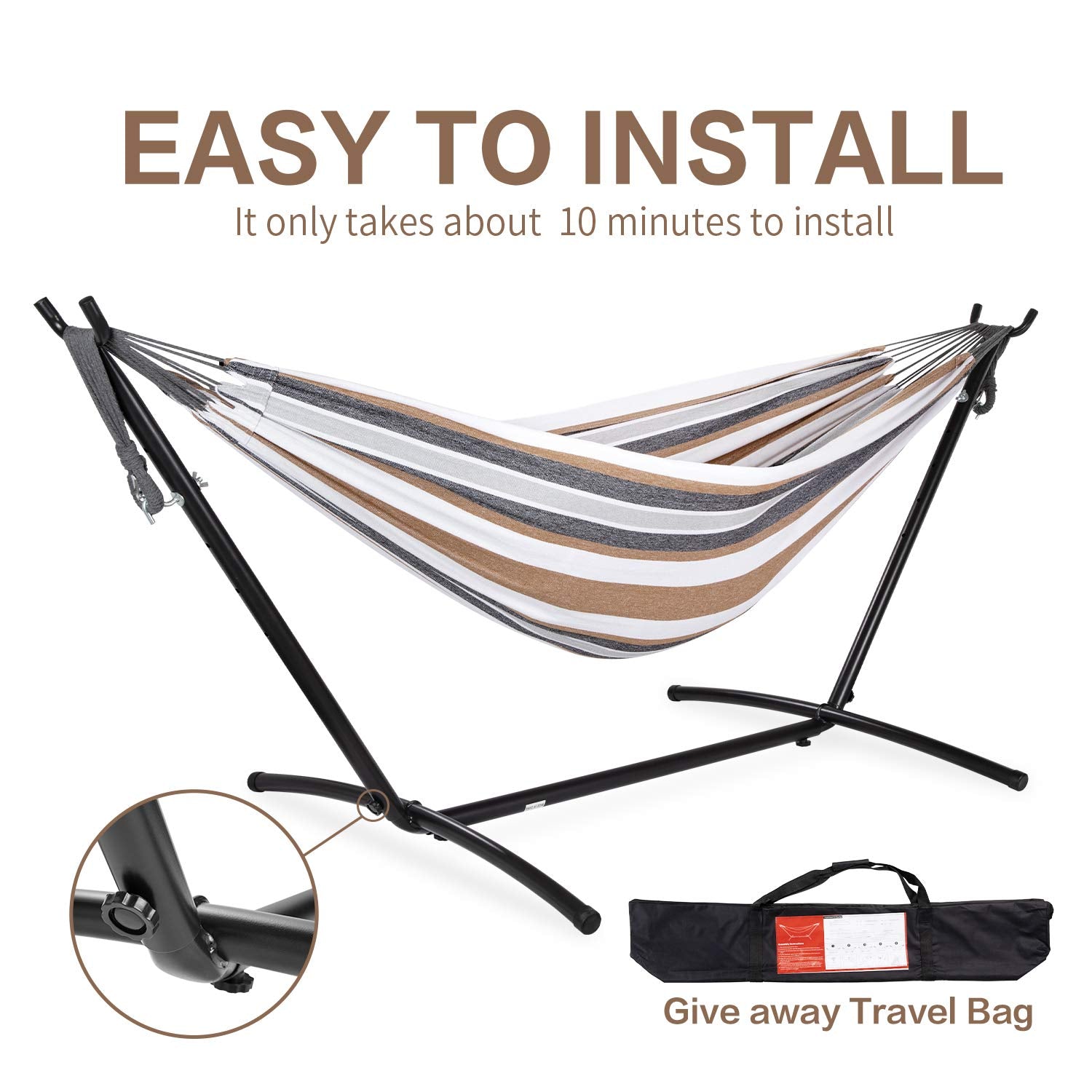 PNAEUT Double Hammocks with Stand for Outside, Portable Space Saving Heavy-Duty Steel Stand for Indoor Outdoor Patio with Carrying Bag, 450 lbs Capacity (Coffee)