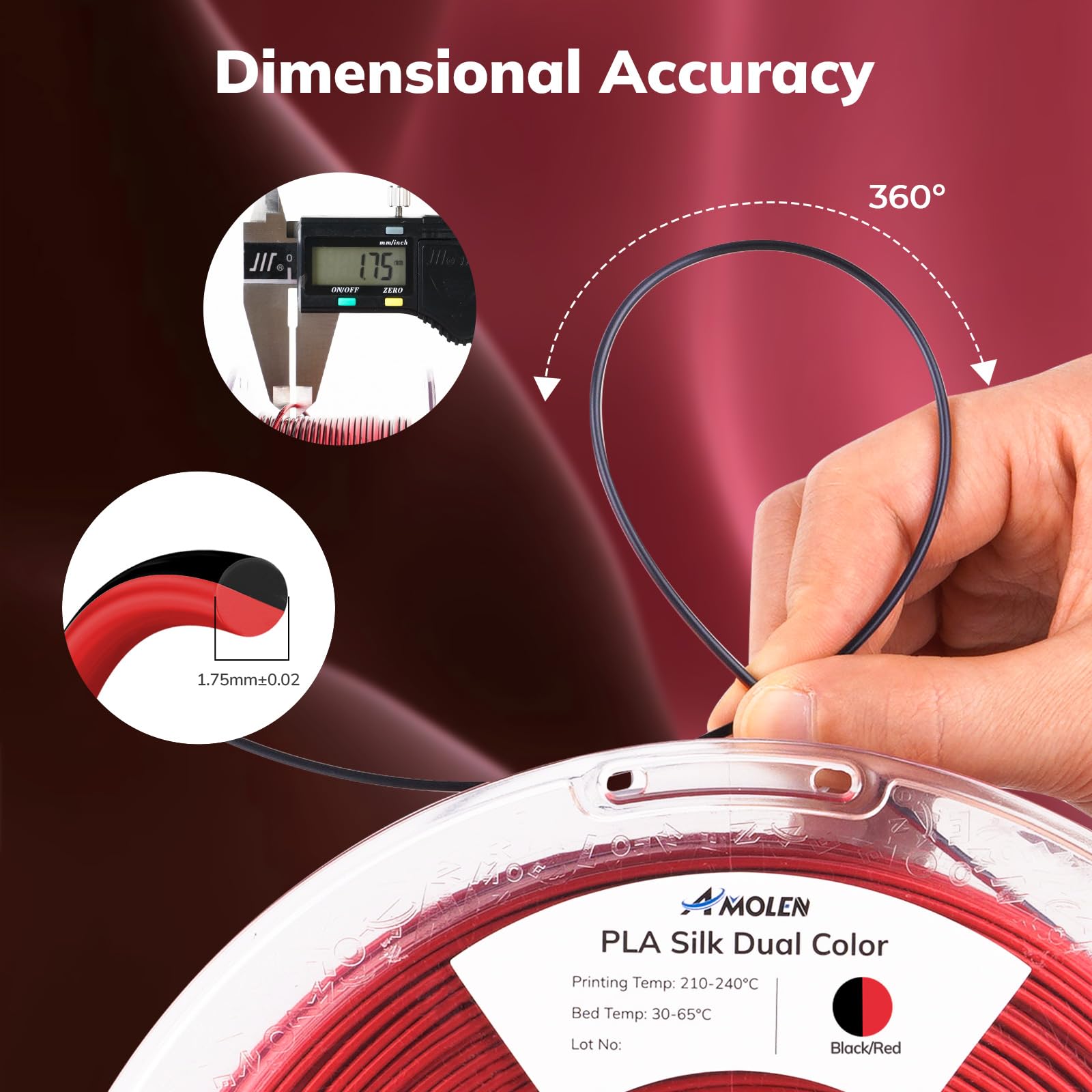 AMOLEN Silk PLA 3D Printer Filament, Silk Dual Color Red Black PLA Filament 1.75mm, Shiny Coextrusion PLA Filament, Color Change 3D Printing Filament 1KG/2.2lb