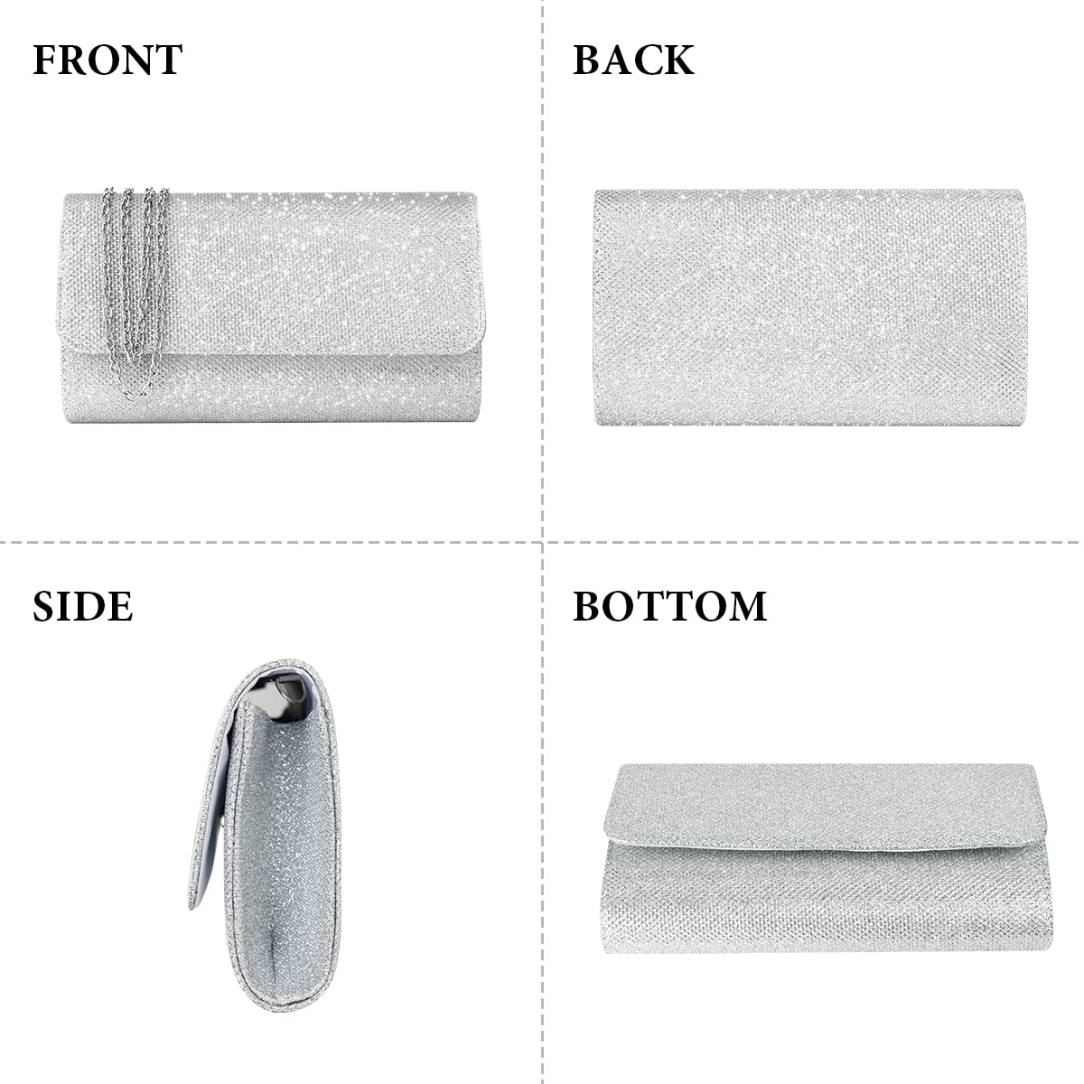 OSDUE Evening Bag Clutch Purses for Women, Glitter Evening Bag Sparkling Envelope Packet with Detachable Chain for Prom Wedding Party Banquet Date (Silver)